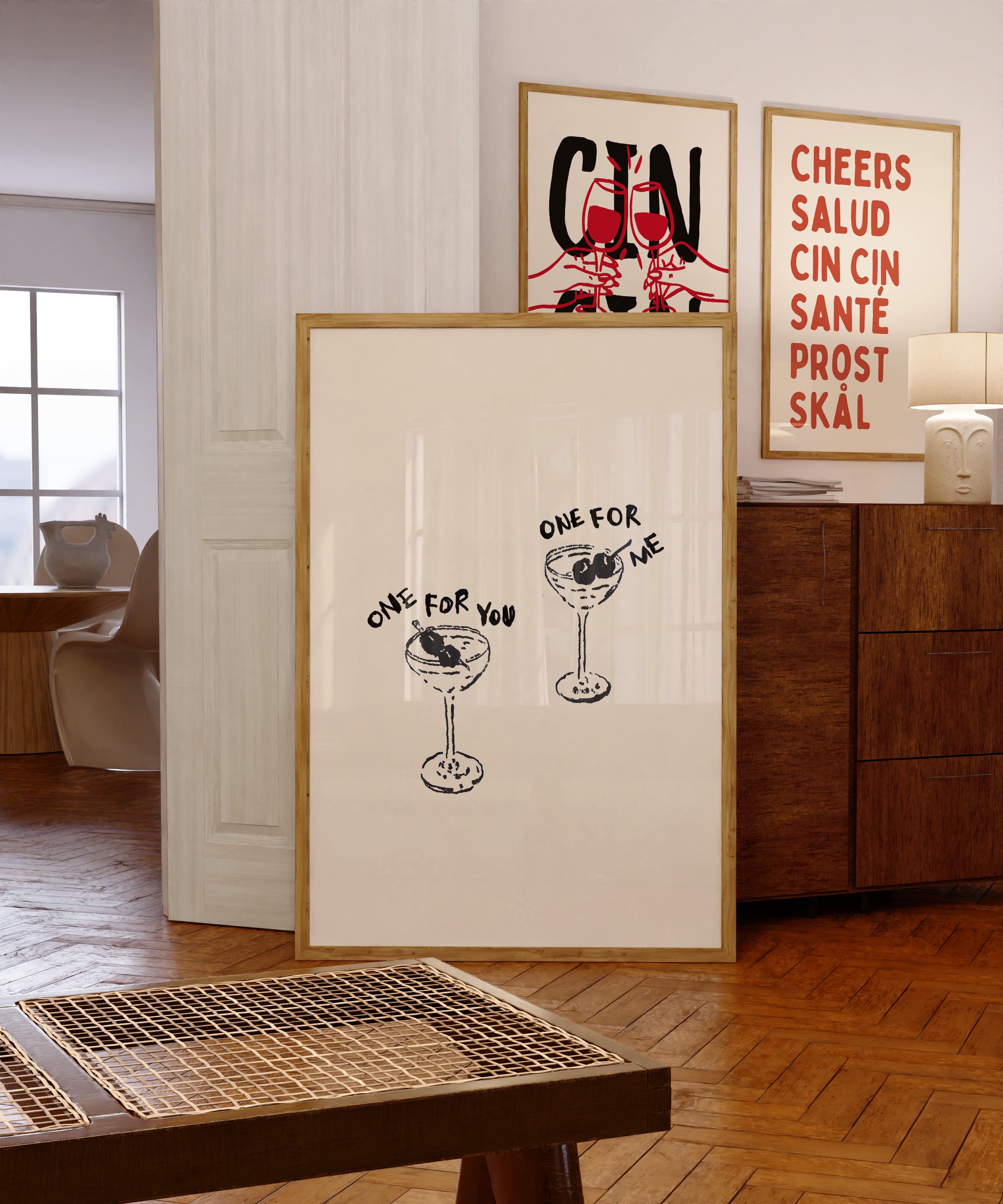 One For You One For Me Printable Art, Martini Cocktail Poster, Bar Cart Kitchen Decor, Couples Wall Art, Minimal Line Illustration Print