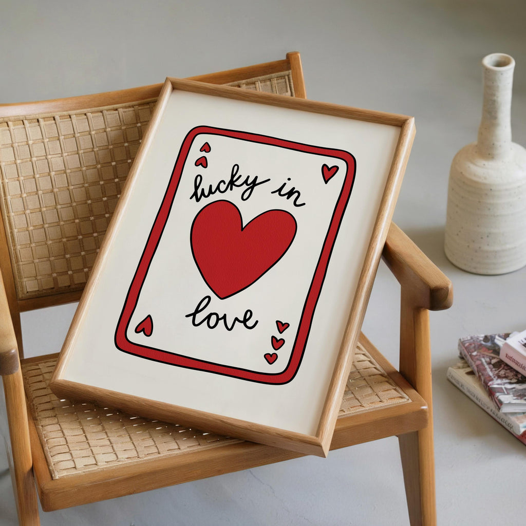 Lucky in Love Wall Art, Playing Card Heart Print, Valentine’s Day Poster, Cute Romantic Typography, Red Minimal Digital Download