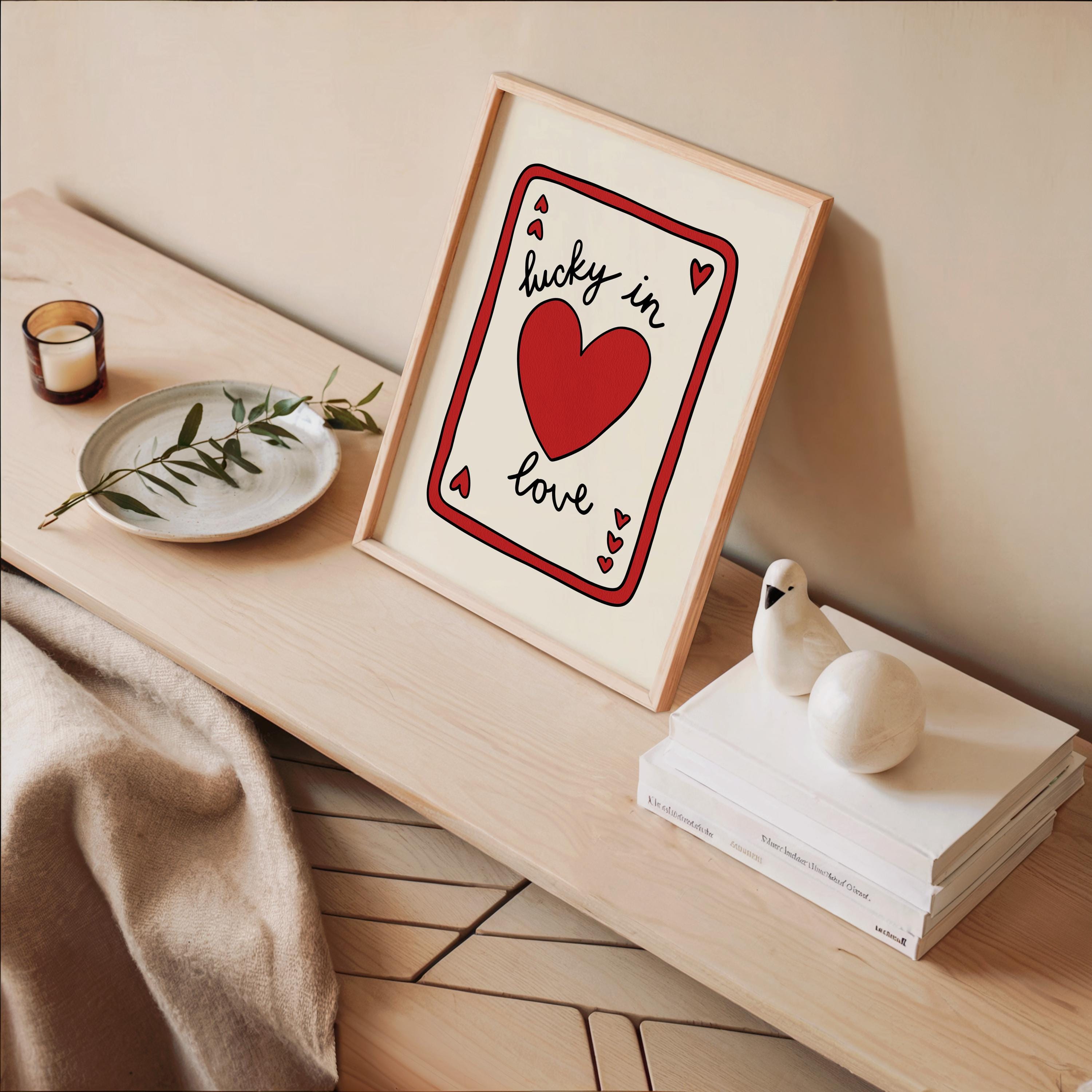 Lucky in Love Wall Art, Playing Card Heart Print, Valentine’s Day Poster, Cute Romantic Typography, Red Minimal Digital Download