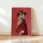 Leopard Wall Art Print, Fashion Animal Portrait, Red Floral Crown Poster, Bold Modern Decor, Aesthetic Wildlife Art Printable
