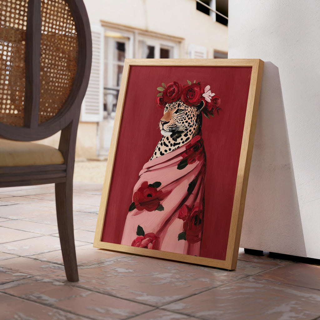 Leopard Fashion Art Print, Pink Floral Wrap Portrait, Red Rose Crown Poster, Chic Wildlife Decor, Bold Modern Animal Printable
