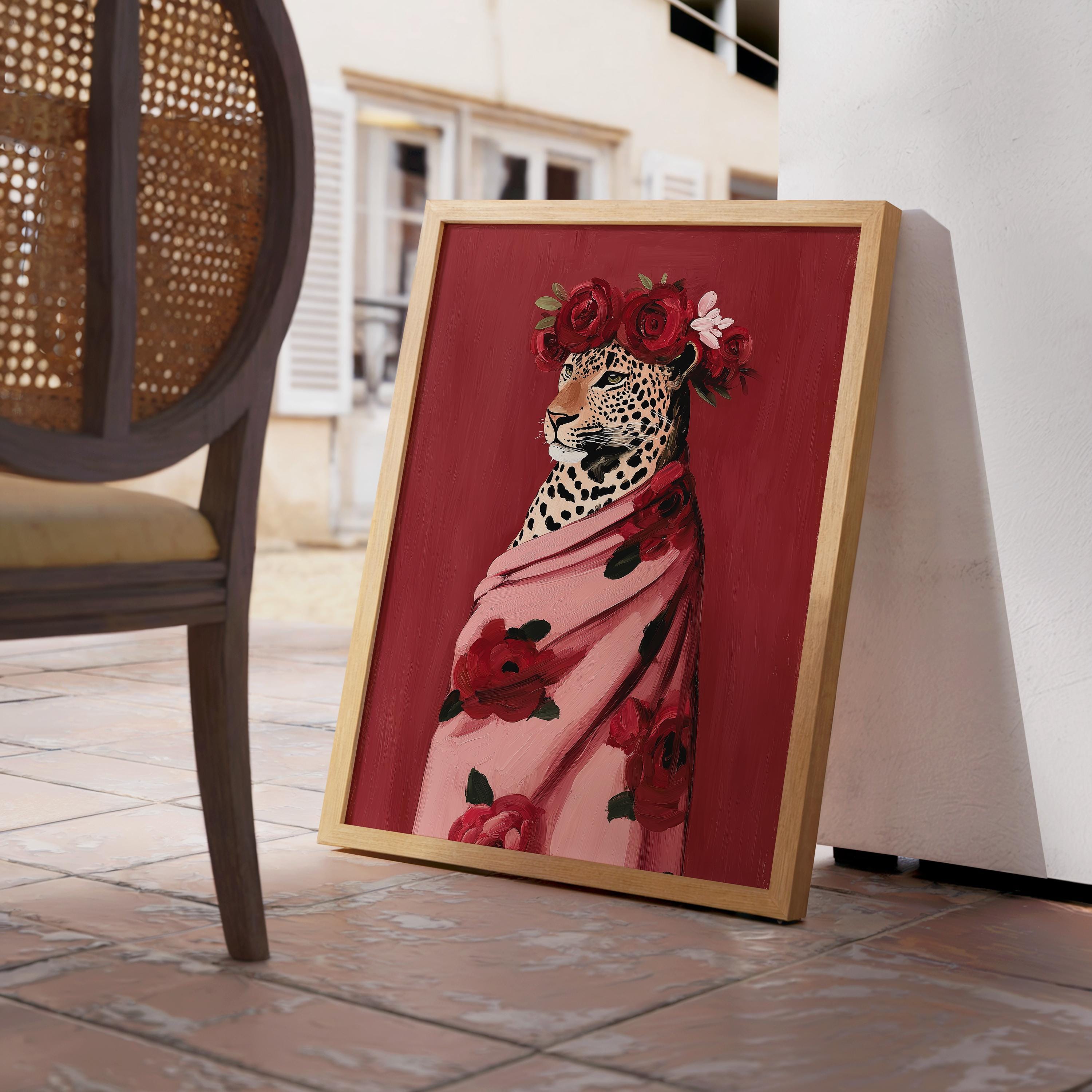 Leopard Fashion Art Print, Pink Floral Wrap Portrait, Red Rose Crown Poster, Chic Wildlife Decor, Bold Modern Animal Printable