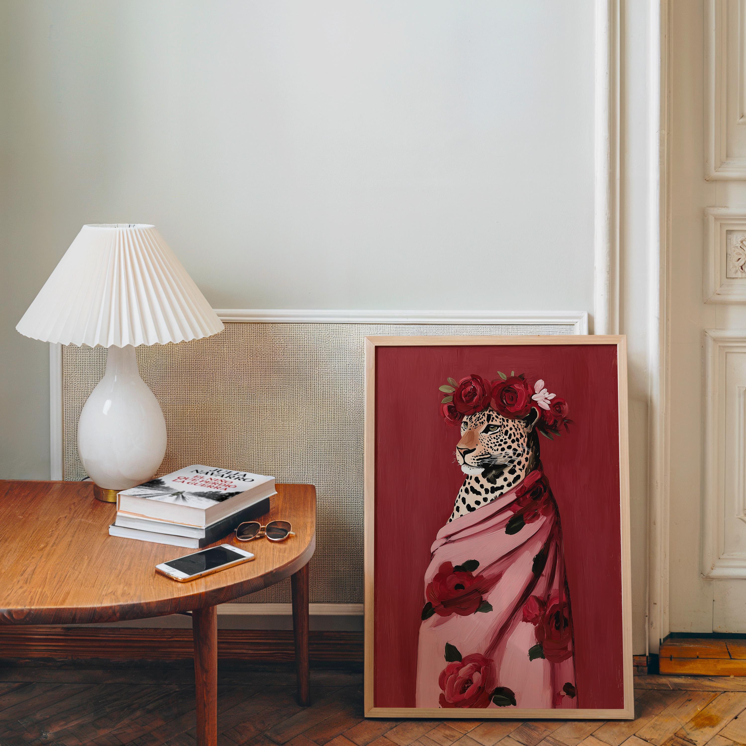 Leopard Fashion Art Print, Pink Floral Wrap Portrait, Red Rose Crown Poster, Chic Wildlife Decor, Bold Modern Animal Printable