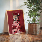 Leopard Fashion Art Print, Pink Floral Wrap Portrait, Red Rose Crown Poster, Chic Wildlife Decor, Bold Modern Animal Printable