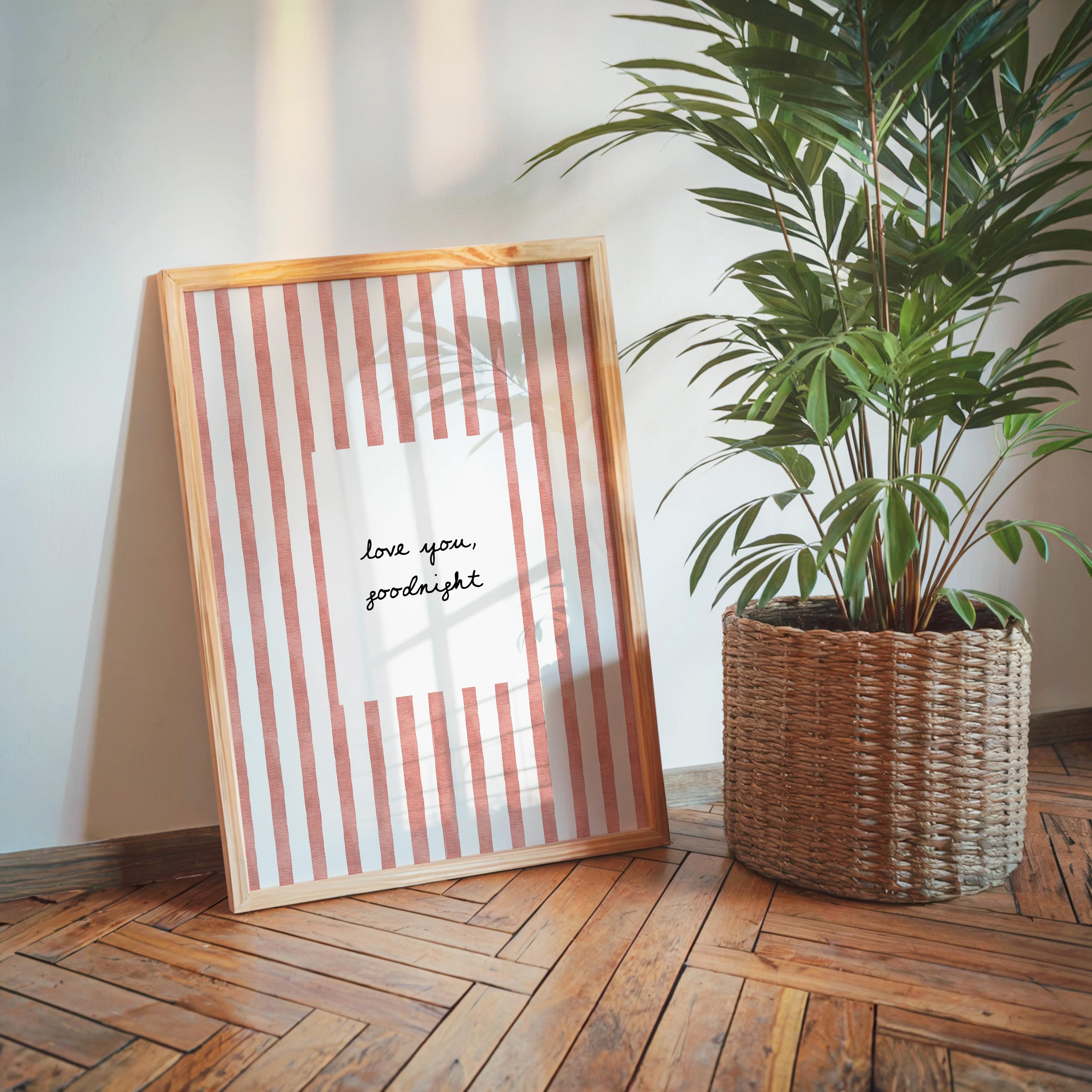 Love You Goodnight Print, Red Striped Wall Art, Minimalist Quote Poster, Romantic Bedroom Decor, Aesthetic Printable, DIGITAL