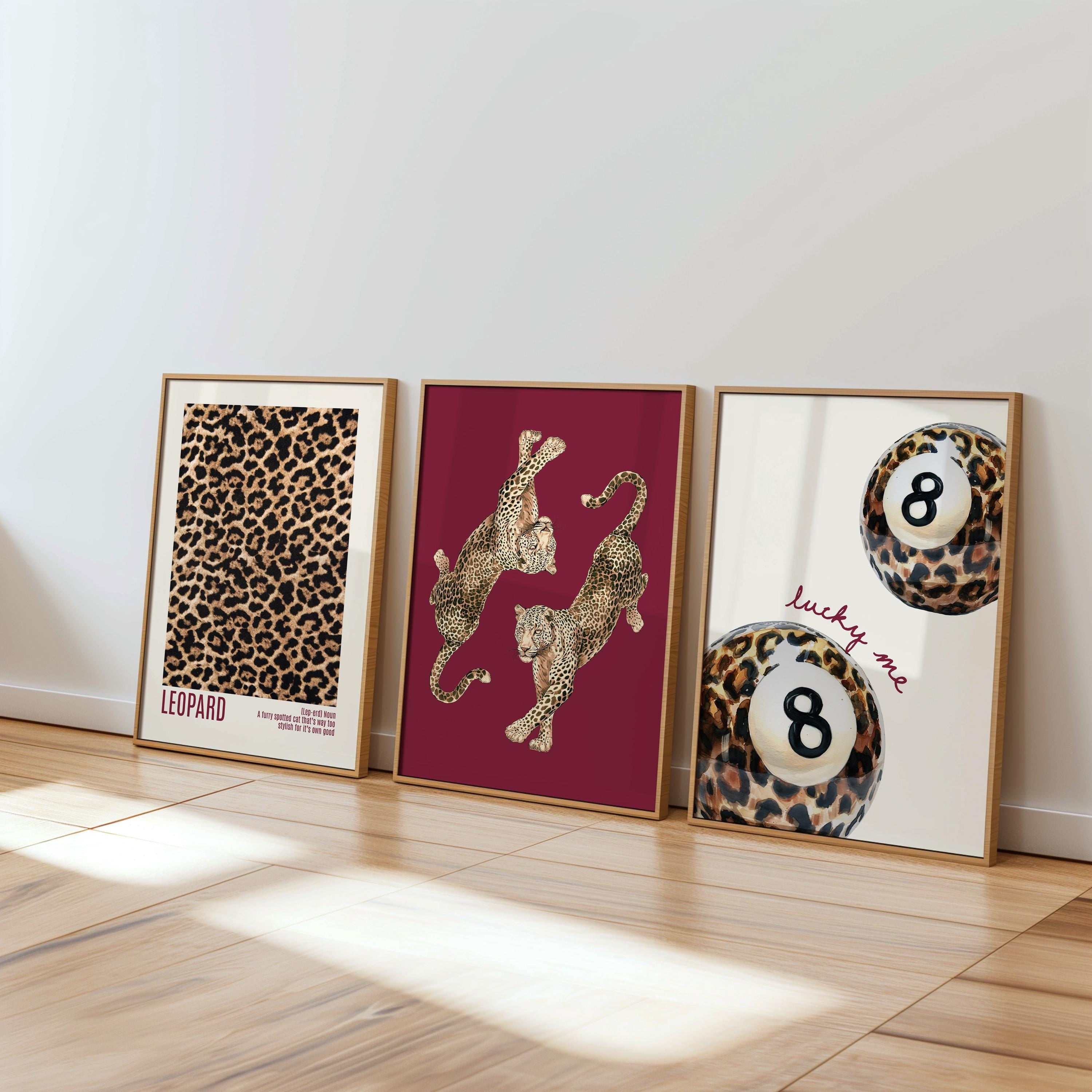 Leopard Gallery Wall Set of 3, Fashion Animal Wall Art, Lucky 8 Ball Print, Bold Chic Decor, Preppy Aesthetic Printable Art