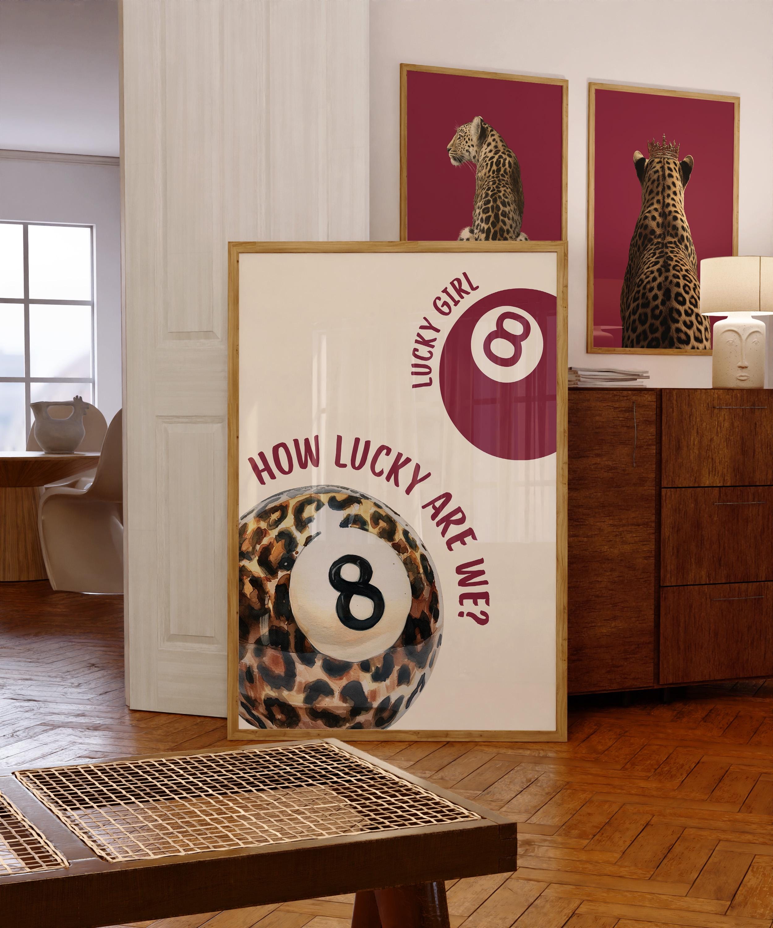 Leopard Gallery Wall Set of 3, Lucky Girl 8 Ball Art, Bold Red Fashion Decor, Preppy Chic Animal Prints, Trendy Printable Art