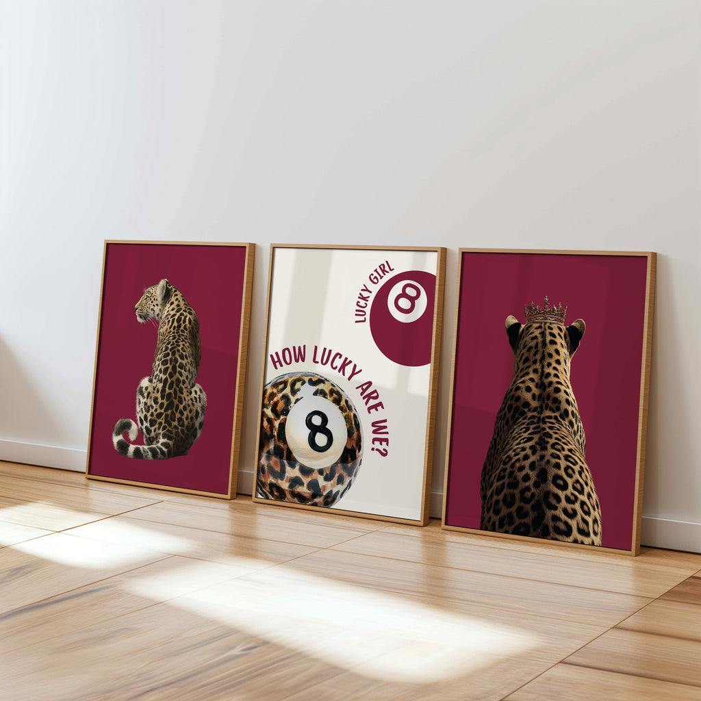 Leopard Gallery Wall Set of 3, Lucky Girl 8 Ball Art, Bold Red Fashion Decor, Preppy Chic Animal Prints, Trendy Printable Art