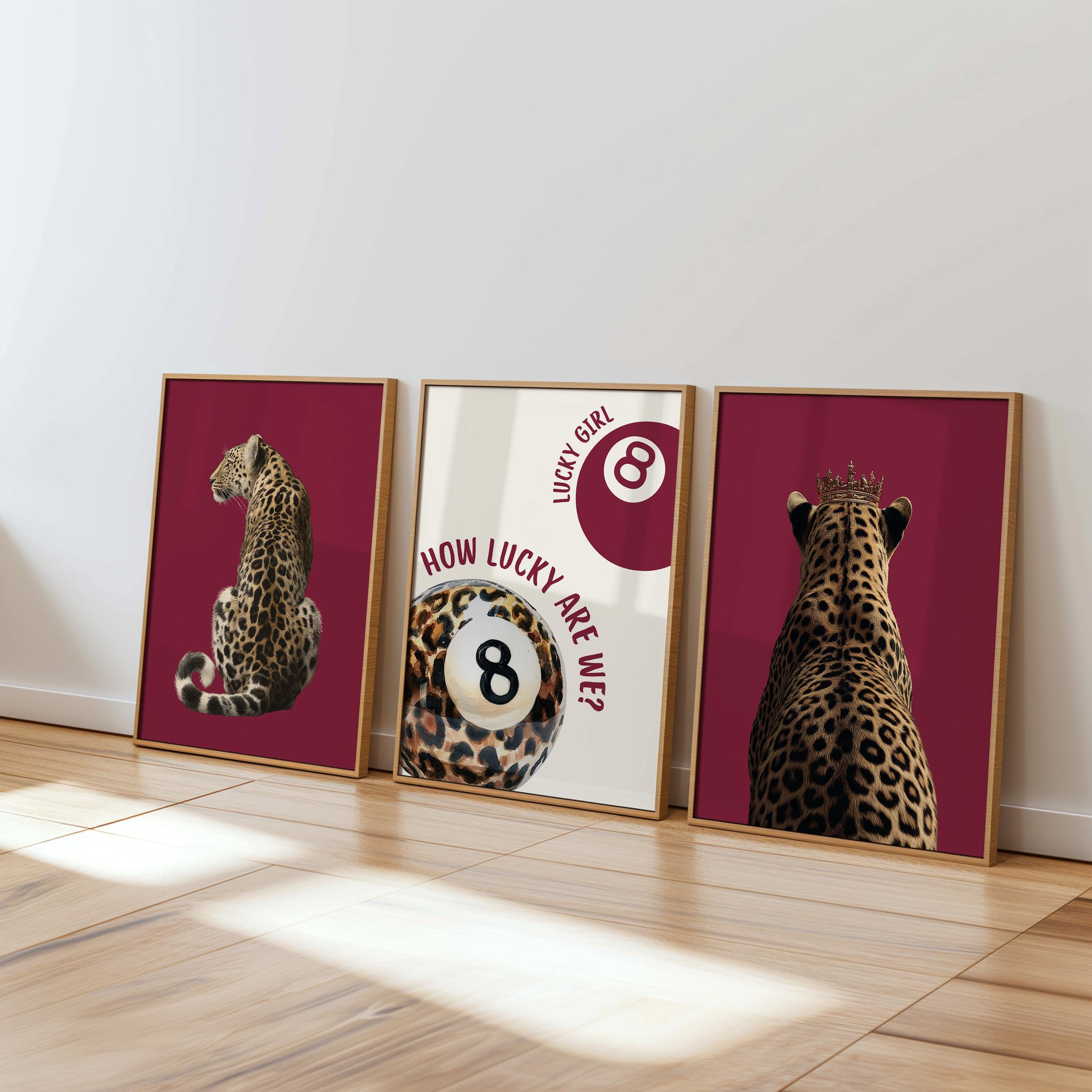 Leopard Gallery Wall Set of 3, Lucky Girl 8 Ball Art, Bold Red Fashion Decor, Preppy Chic Animal Prints, Trendy Printable Art