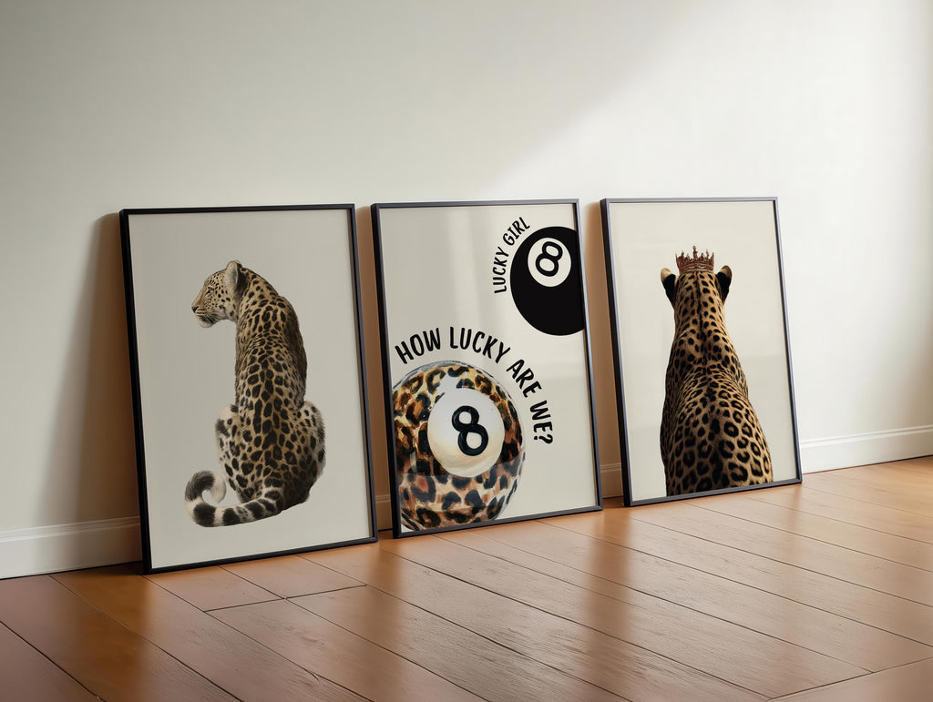 Neutral Beige Leopard Gallery Wall Set of 3, Lucky Girl 8 Ball Art, Minimal Chic Animal Prints, Preppy Aesthetic Printable Decor