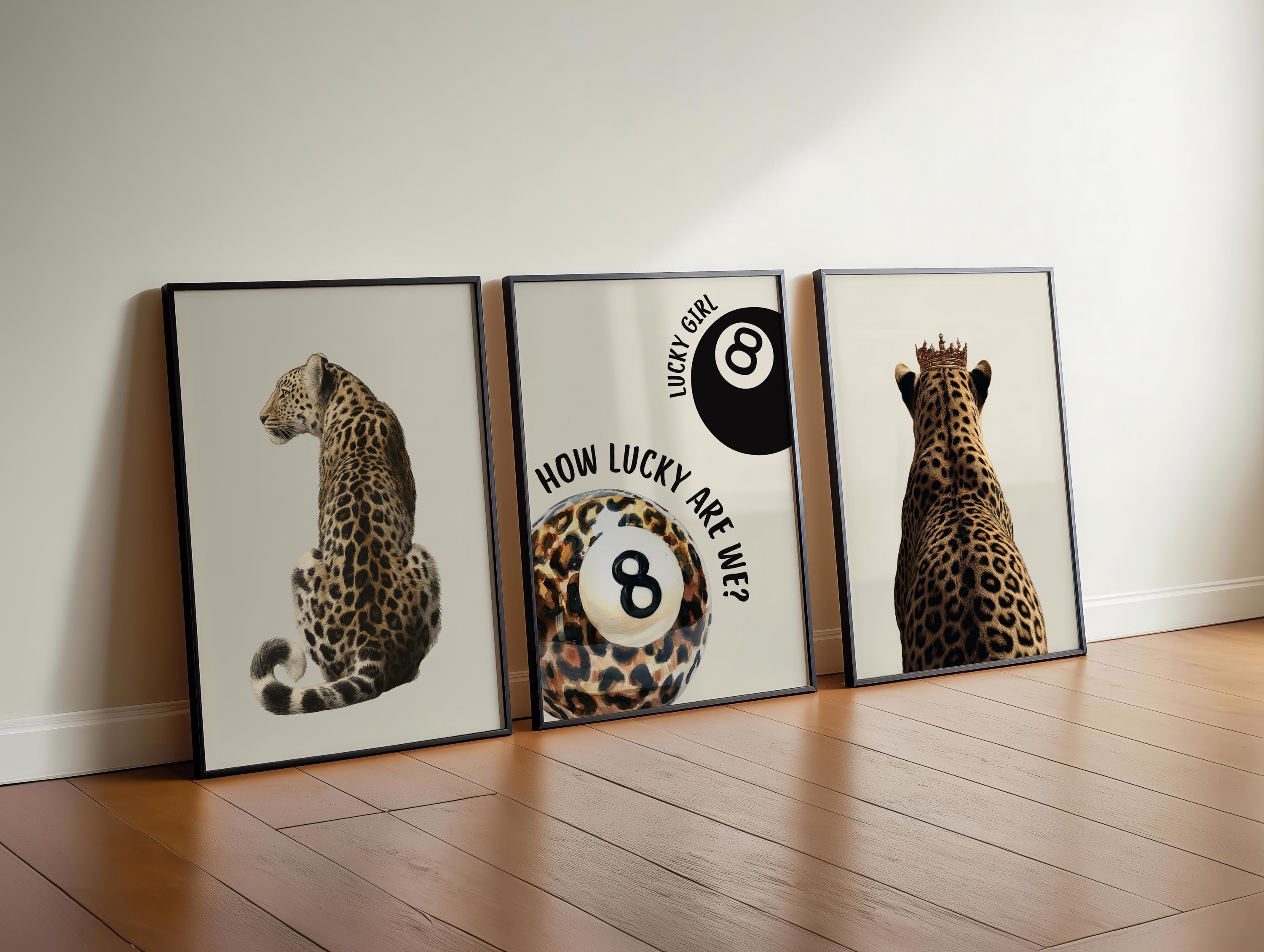 Neutral Beige Leopard Gallery Wall Set of 3, Lucky Girl 8 Ball Art, Minimal Chic Animal Prints, Preppy Aesthetic Printable Decor