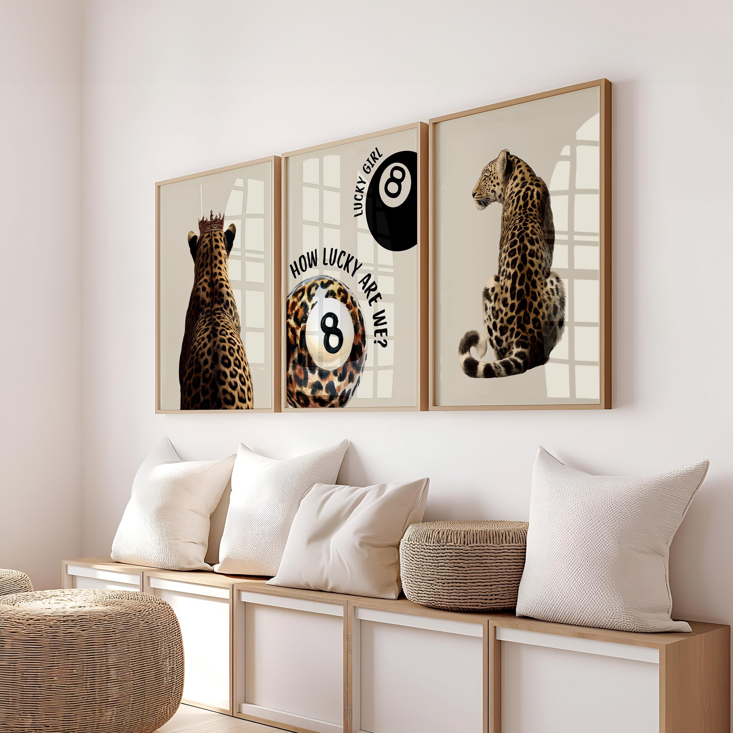 Neutral Beige Leopard Gallery Wall Set of 3, Lucky Girl 8 Ball Art, Minimal Chic Animal Prints, Preppy Aesthetic Printable Decor