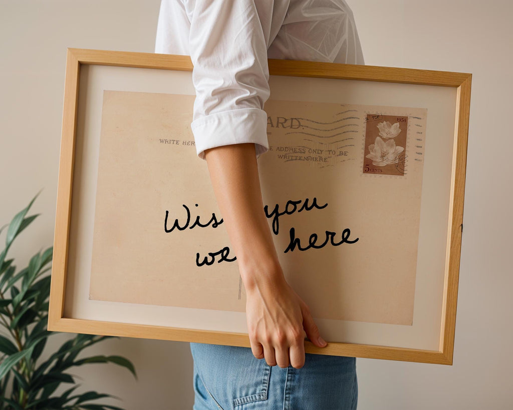 Wish You Were Here Postcard Print, Vintage Postcard Wall Art, Typography Printable, Minimal Retro Quote Print, Neutral Aesthetic Decor