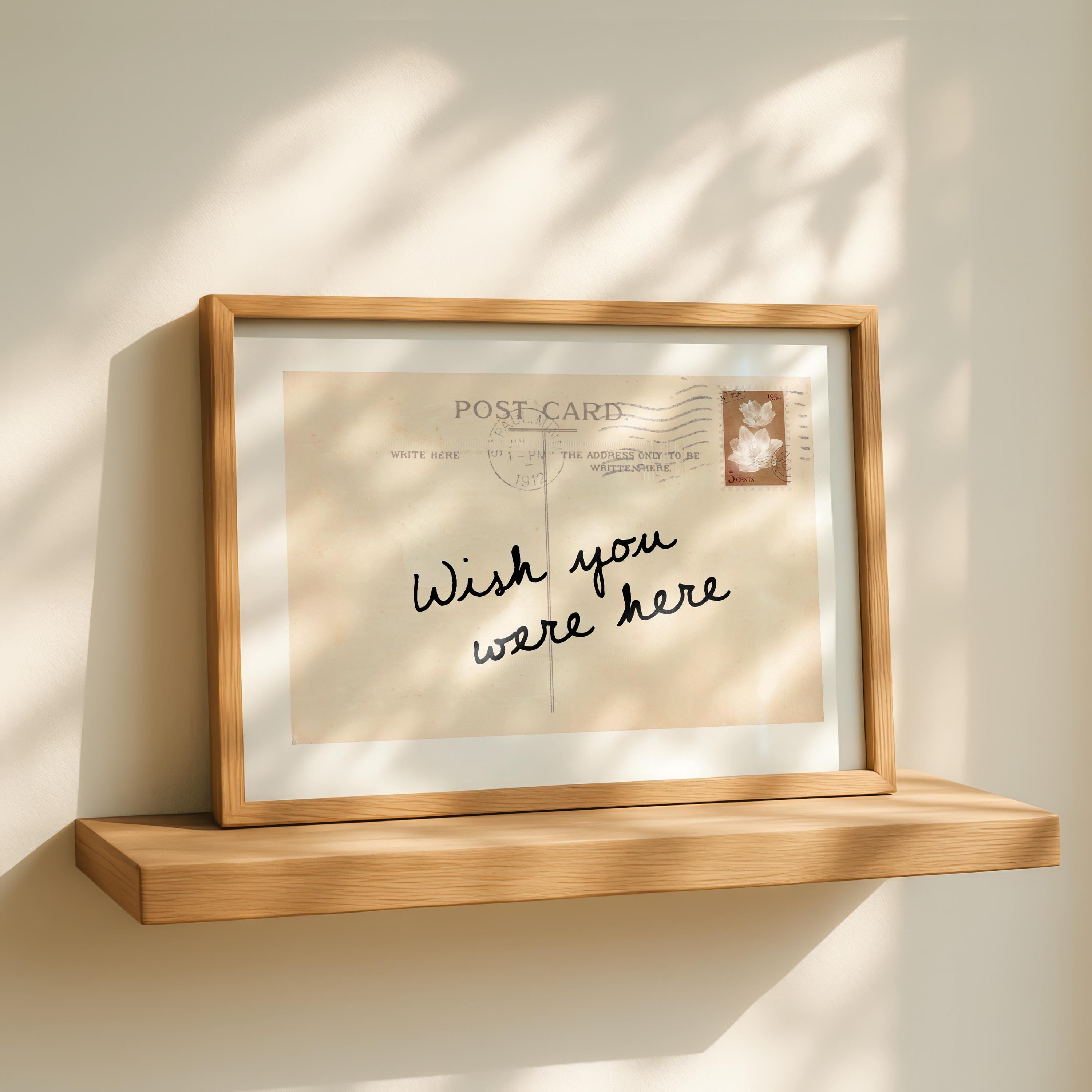 Wish You Were Here Postcard Print, Vintage Postcard Wall Art, Typography Printable, Minimal Retro Quote Print, Neutral Aesthetic Decor
