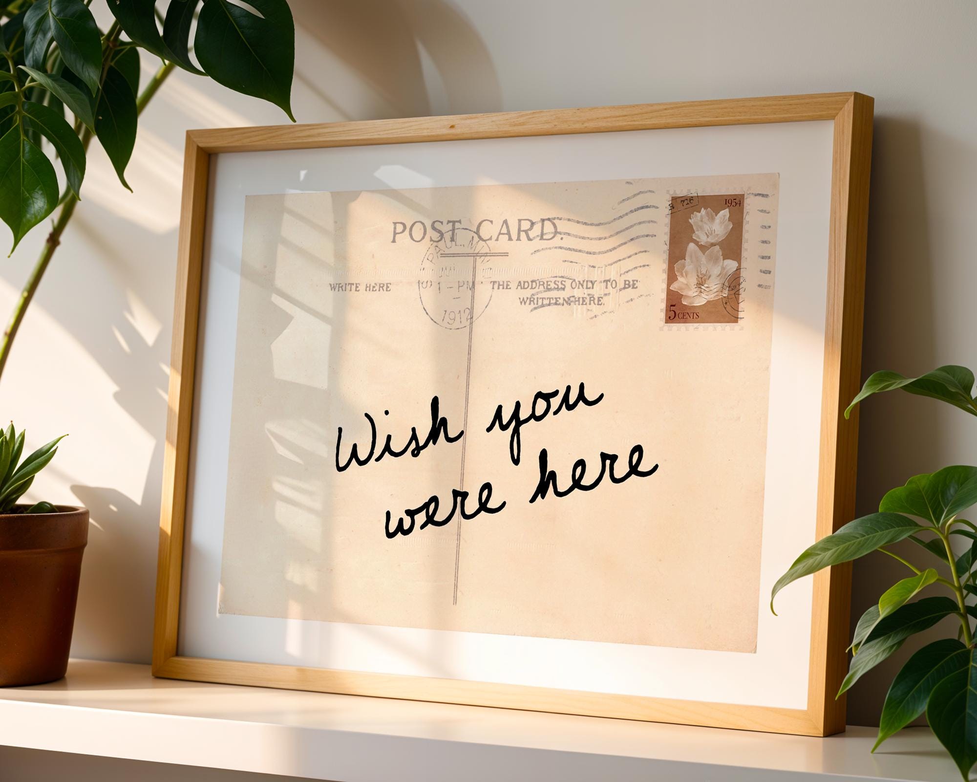 Wish You Were Here Postcard Print, Vintage Postcard Wall Art, Typography Printable, Minimal Retro Quote Print, Neutral Aesthetic Decor
