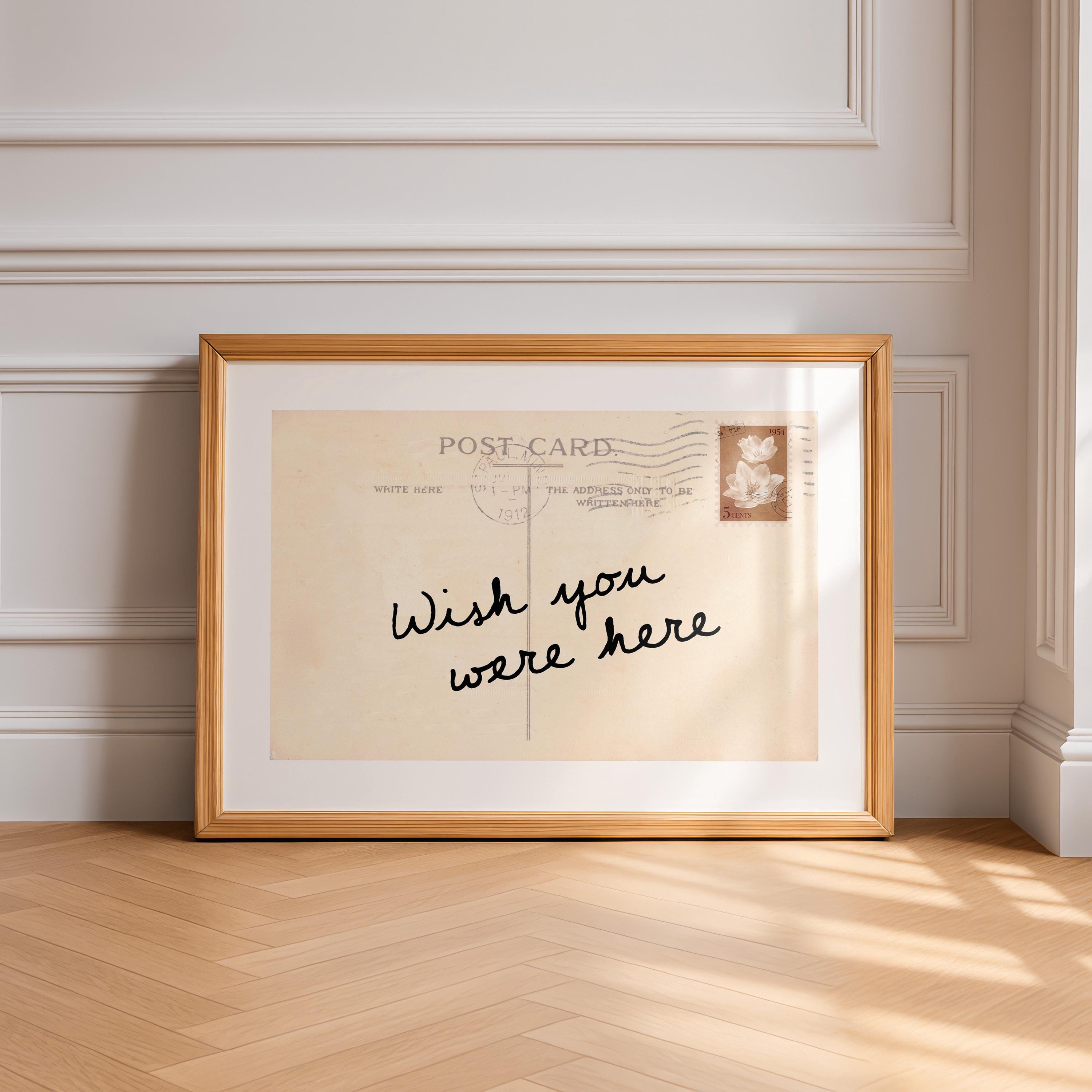 Wish You Were Here Postcard Print, Vintage Postcard Wall Art, Typography Printable, Minimal Retro Quote Print, Neutral Aesthetic Decor