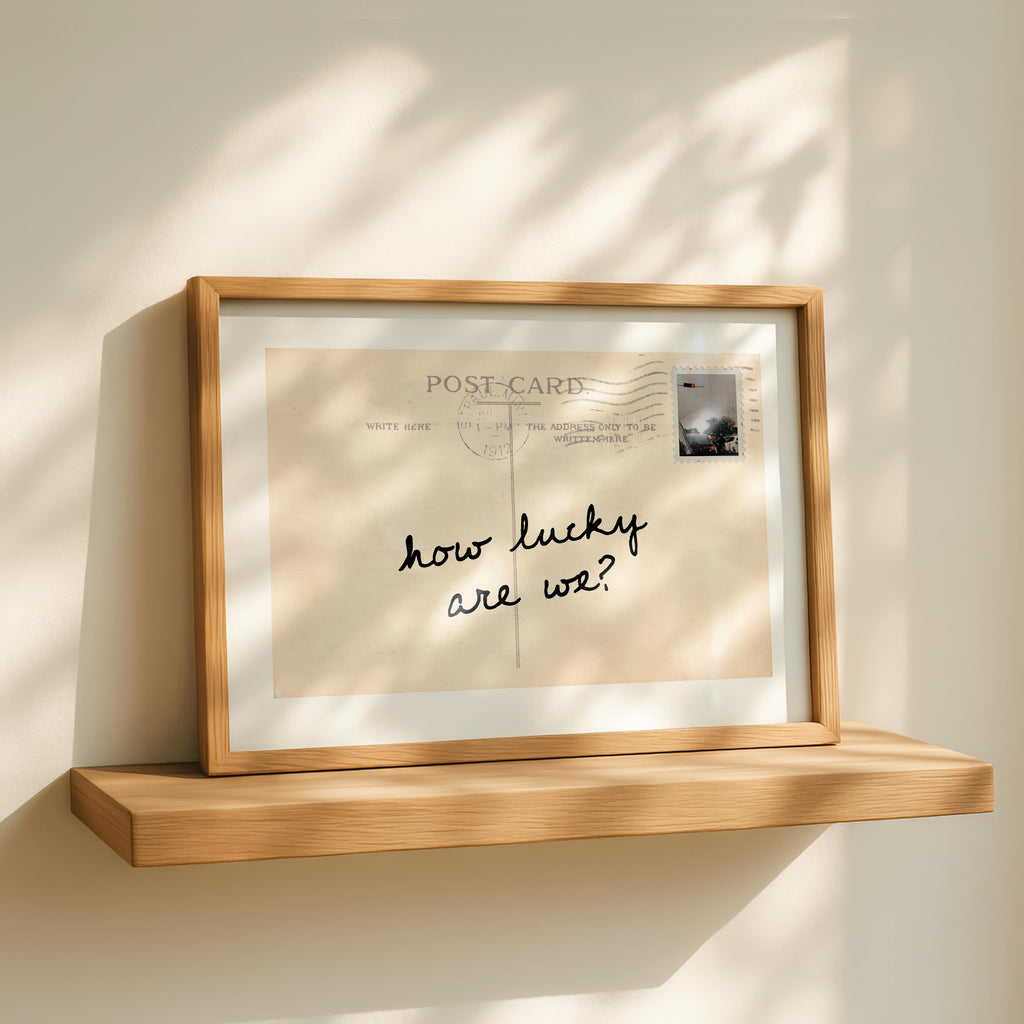 How Lucky Are We Postcard Print, Vintage Quote Art, Retro Printable Wall Decor, Handwritten Typography Poster, Neutral Home Decor