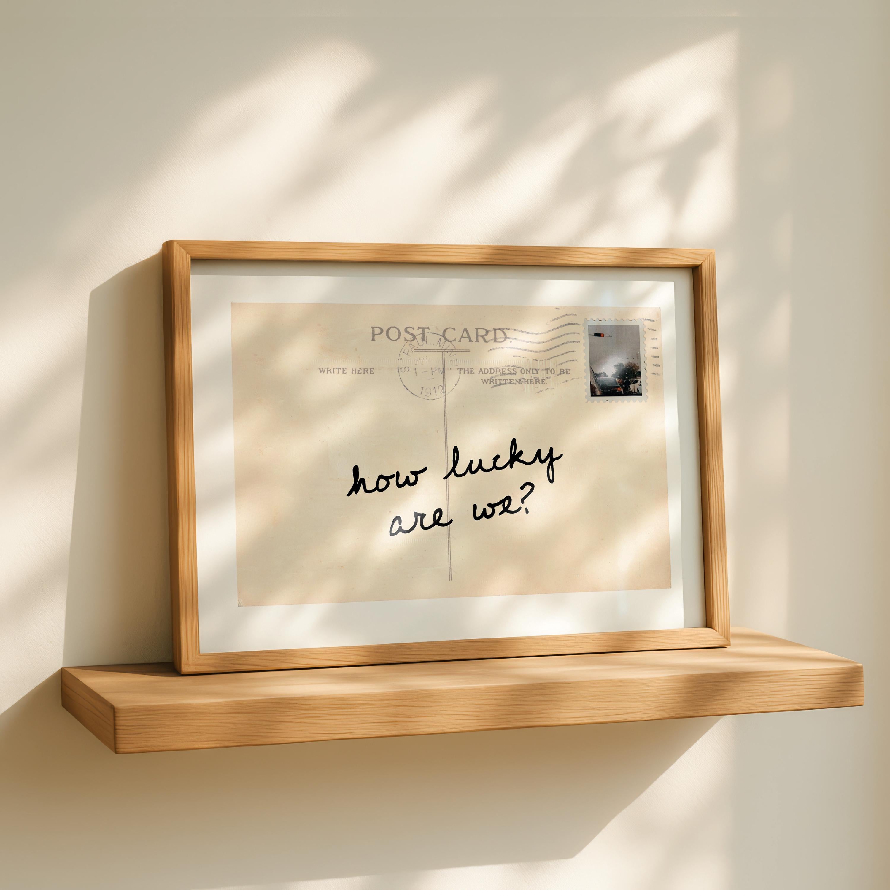 How Lucky Are We Postcard Print, Vintage Quote Art, Retro Printable Wall Decor, Handwritten Typography Poster, Neutral Home Decor