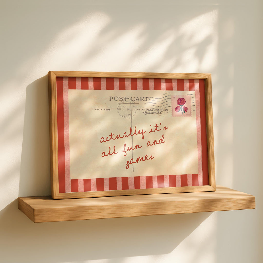 Actually It’s All Fun and Games Print, Vintage Postcard Wall Art, Retro Quote Printable, Red Stripe Typography Decor, Playful Home Poster