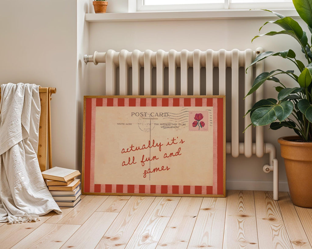 Actually It’s All Fun and Games Print, Vintage Postcard Wall Art, Retro Quote Printable, Red Stripe Typography Decor, Playful Home Poster