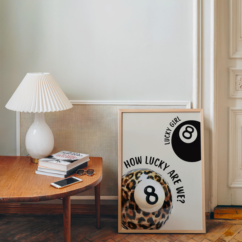 Lucky Girl 8 Ball Wall Art, Leopard Print Poster, Neutral Beige Preppy Decor, How Lucky Are We Quote, Trendy Printable Art, DIGITAL