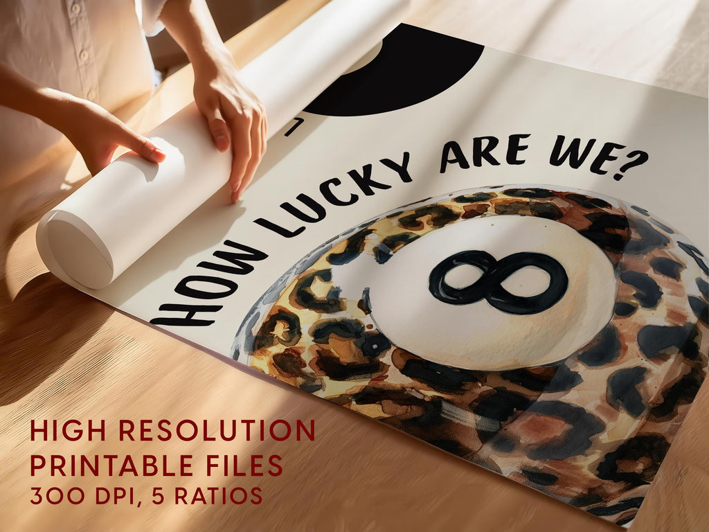 Lucky Girl 8 Ball Wall Art, Leopard Print Poster, Neutral Beige Preppy Decor, How Lucky Are We Quote, Trendy Printable Art, DIGITAL