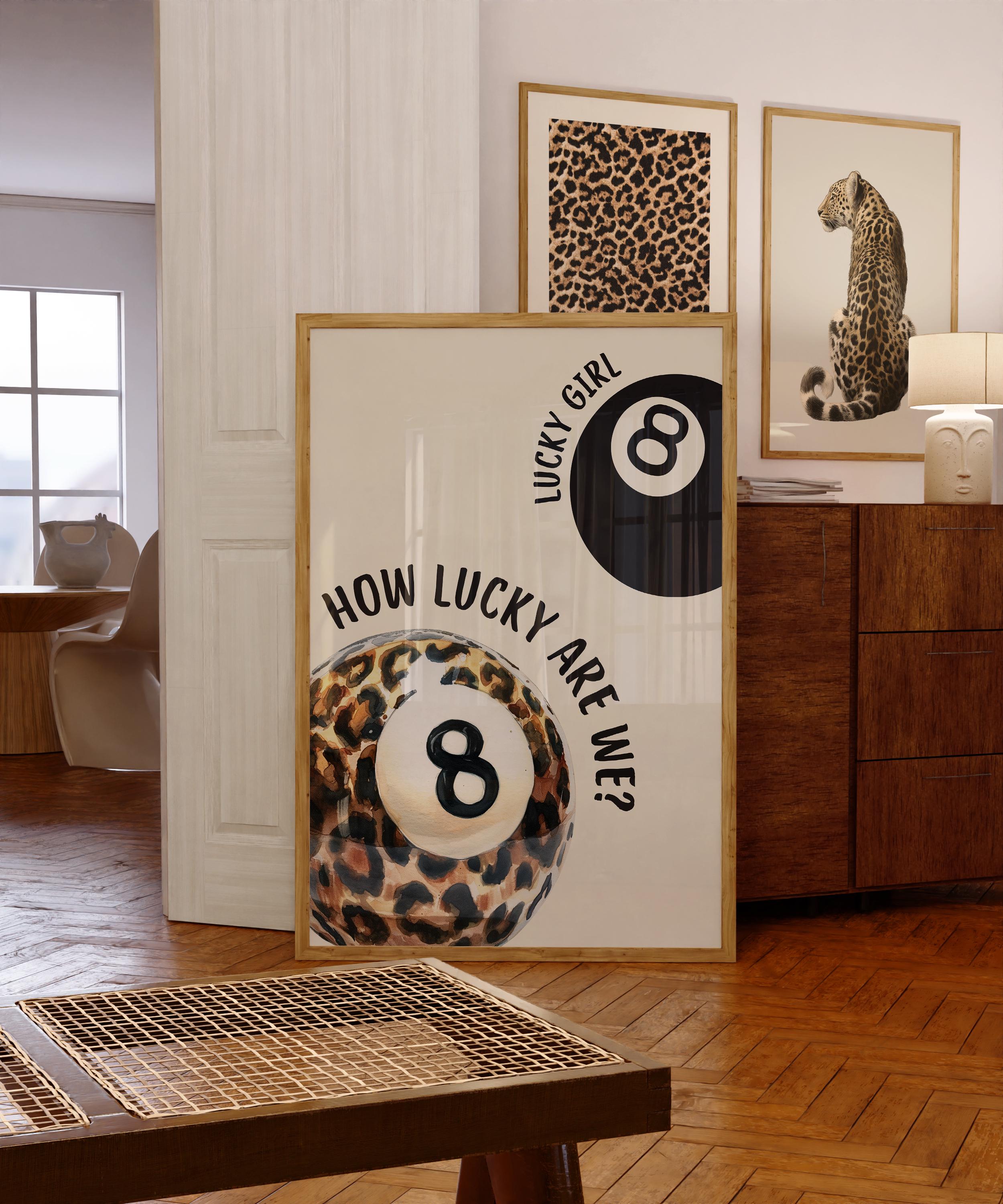 Lucky Girl 8 Ball Wall Art, Leopard Print Poster, Neutral Beige Preppy Decor, How Lucky Are We Quote, Trendy Printable Art, DIGITAL