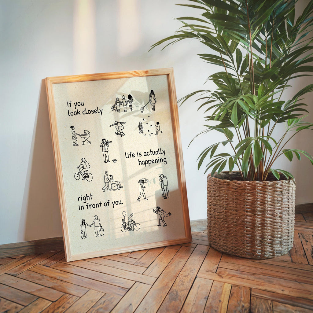 Life Is Happening Print, Minimal Line Art Poster, Inspirational Wall Art, Mindfulness Quote Artwork, Neutral Typography Decor, Modern Home