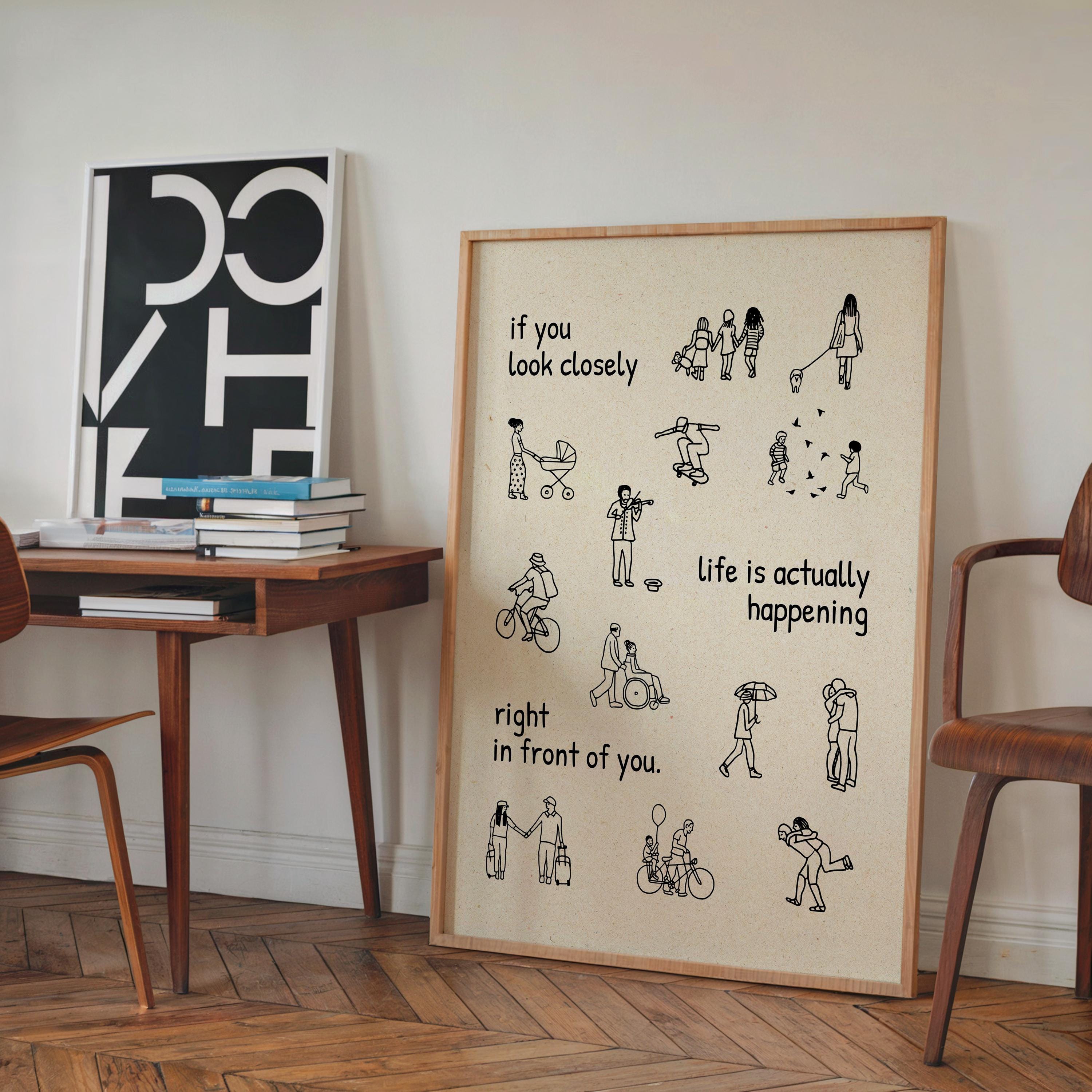 Life Is Happening Print, Minimal Line Art Poster, Inspirational Wall Art, Mindfulness Quote Artwork, Neutral Typography Decor, Modern Home