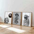 Black and White Leopard Gallery Wall Set of 3, Lucky Girl 8 Ball Art, Fashion Editorial Decor, Bold Monochrome Prints, Modern Printable Art