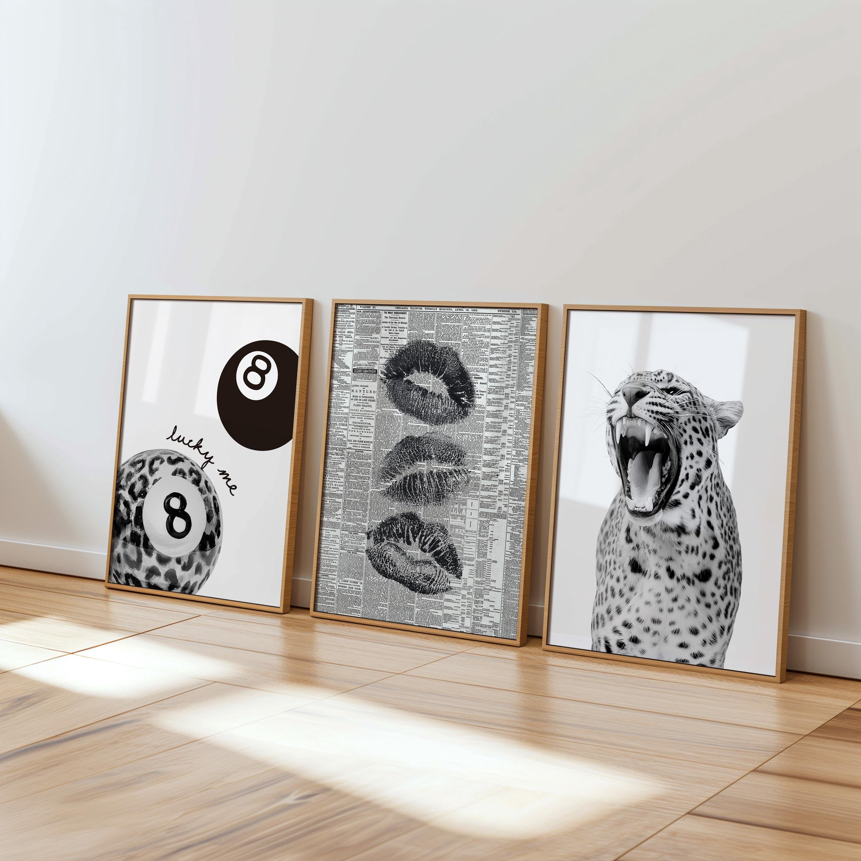 Black and White Leopard Gallery Wall Set of 3, Lucky Girl 8 Ball Art, Fashion Editorial Decor, Bold Monochrome Prints, Modern Printable Art