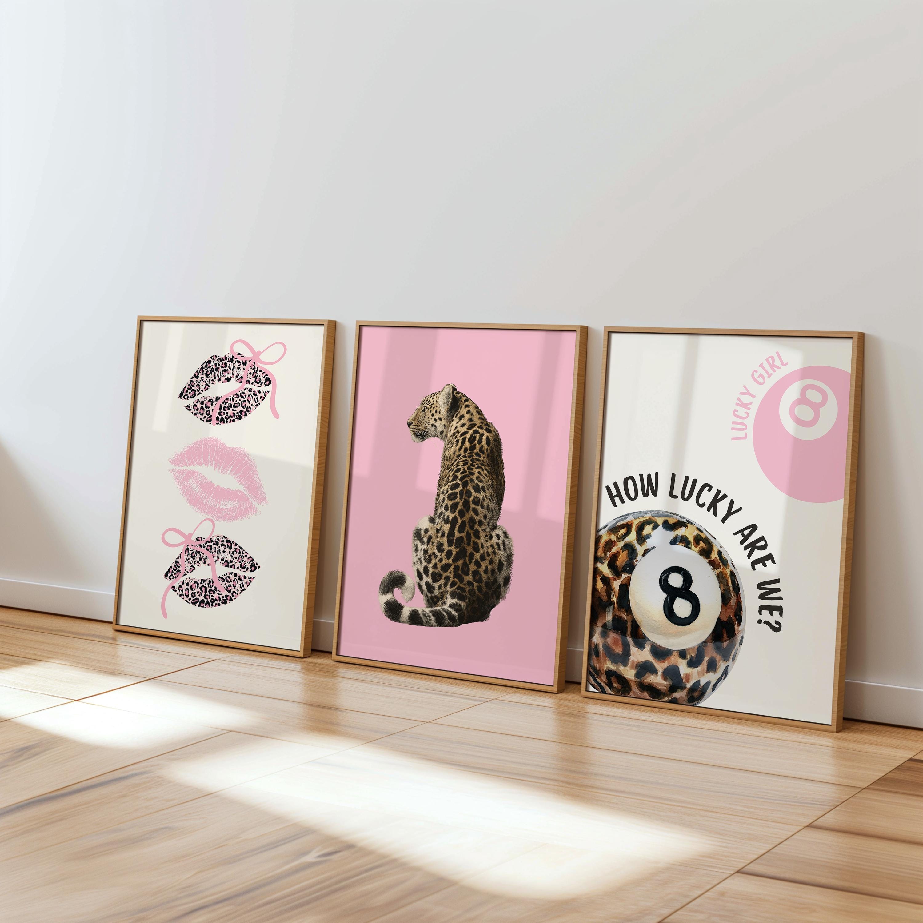 Pink Lucky Girl Gallery Wall Set of 3, Leopard Wall Art, Coquette Lips Print, 8 Ball Poster, Feminine Aesthetic Printable Decor