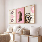 Pink Lucky Girl Gallery Wall Set of 3, Leopard Wall Art, Coquette Lips Print, 8 Ball Poster, Feminine Aesthetic Printable Decor