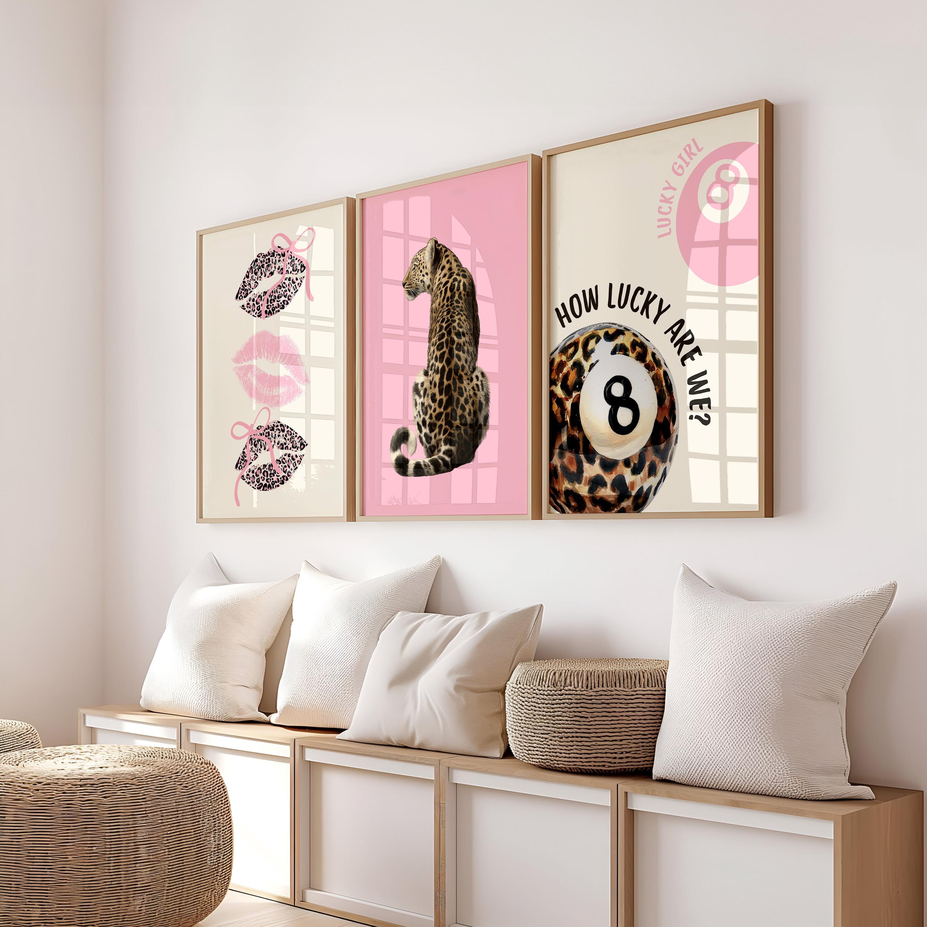 Pink Lucky Girl Gallery Wall Set of 3, Leopard Wall Art, Coquette Lips Print, 8 Ball Poster, Feminine Aesthetic Printable Decor