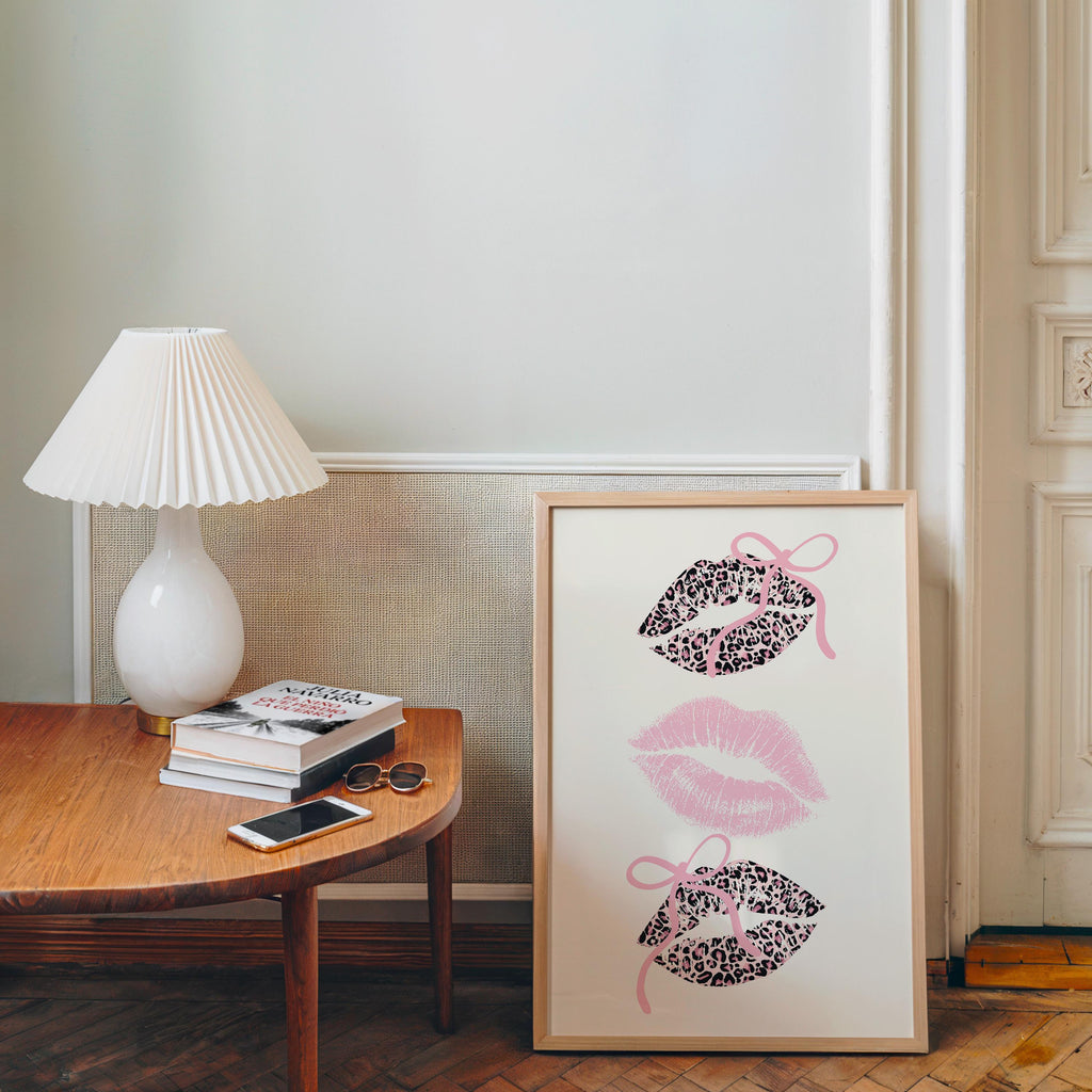 Pink Lucky Girl Gallery Wall Set of 3, Leopard Wall Art, Coquette Lips Print, 8 Ball Poster, Feminine Aesthetic Printable Decor