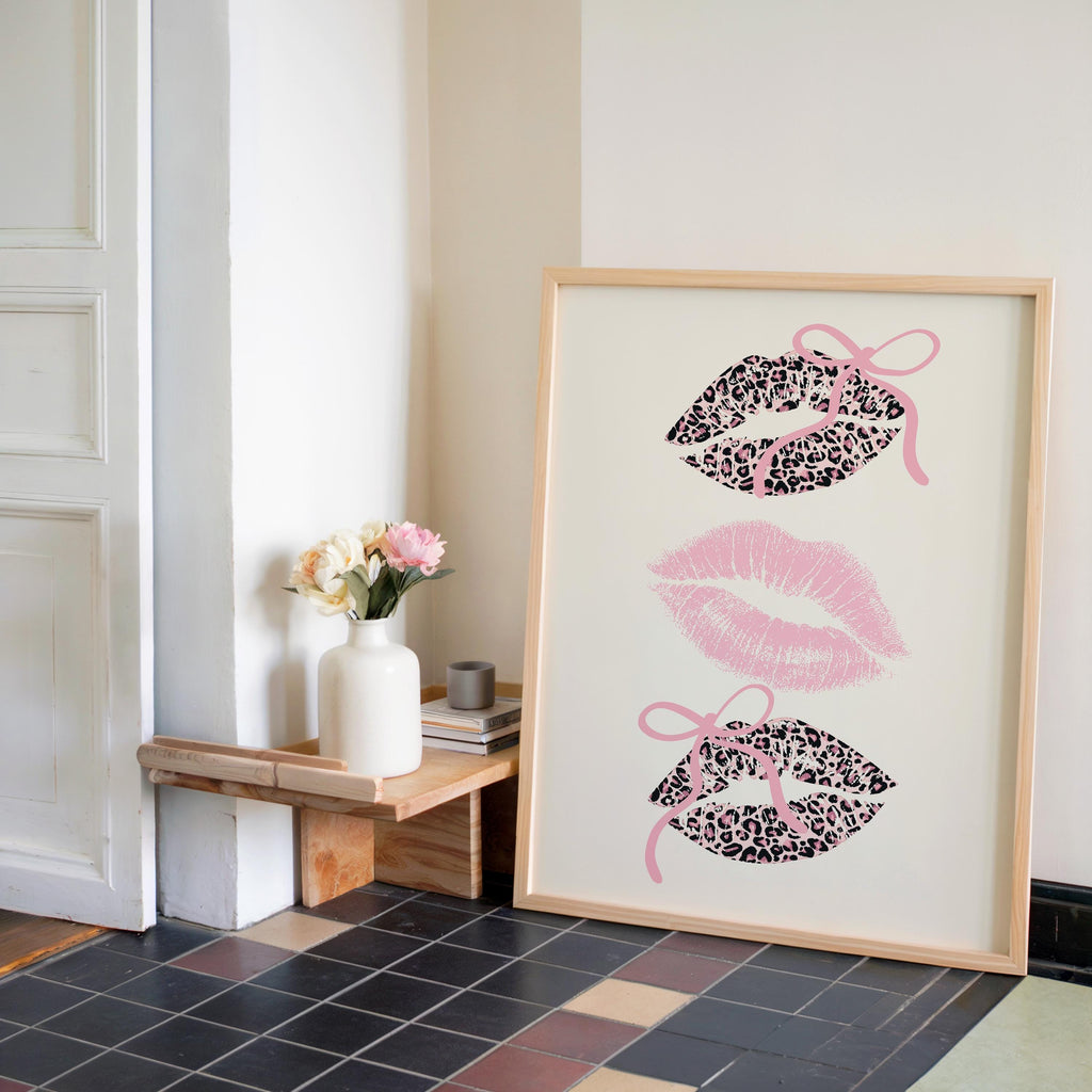 Pink Coquette Lips Wall Art, Leopard Print Kiss Poster, Girly Aesthetic Decor, Feminine Fashion Art, Trendy Printable Wall Art