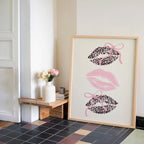 Pink Coquette Lips Wall Art, Leopard Print Kiss Poster, Girly Aesthetic Decor, Feminine Fashion Art, Trendy Printable Wall Art