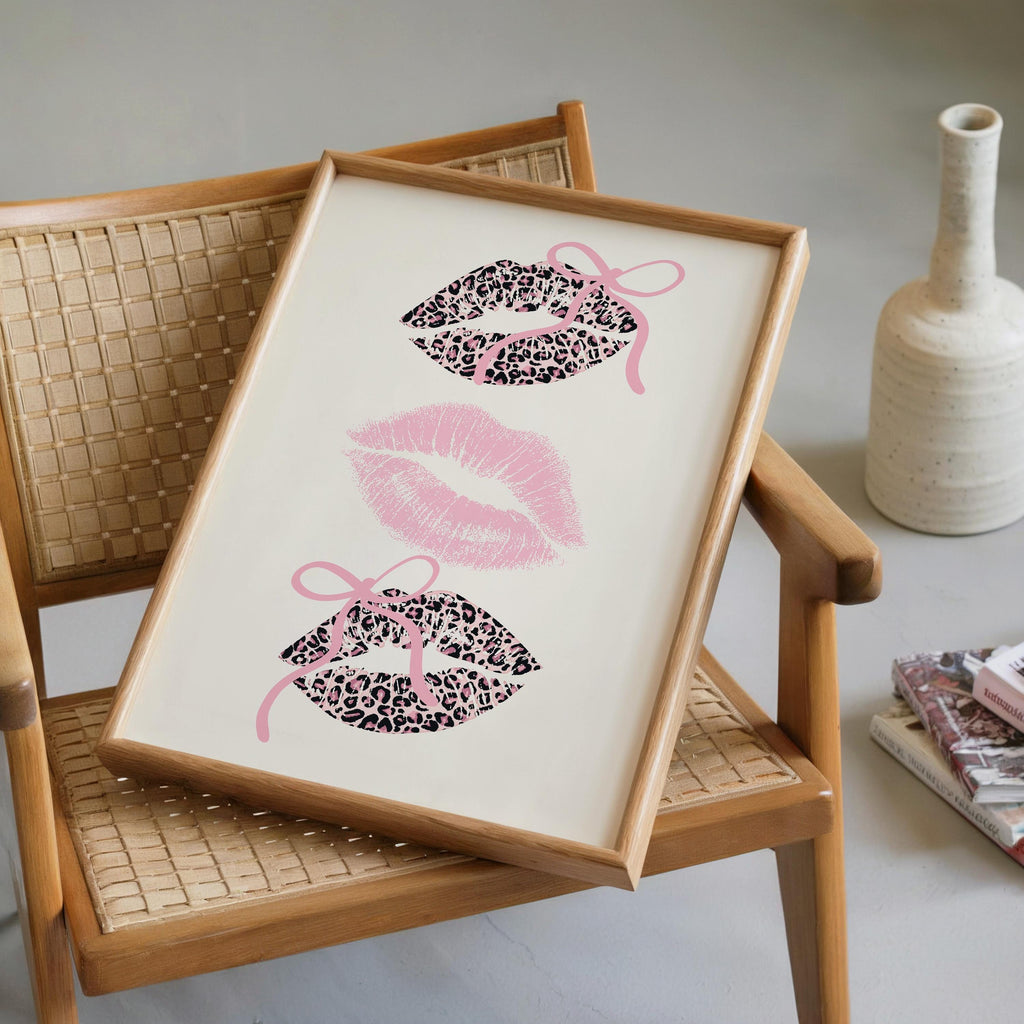 Pink Coquette Lips Wall Art, Leopard Print Kiss Poster, Girly Aesthetic Decor, Feminine Fashion Art, Trendy Printable Wall Art