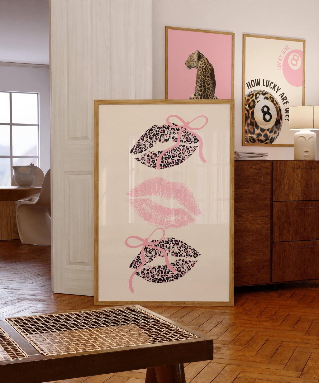 Pink Coquette Lips Wall Art, Leopard Print Kiss Poster, Girly Aesthetic Decor, Feminine Fashion Art, Trendy Printable Wall Art