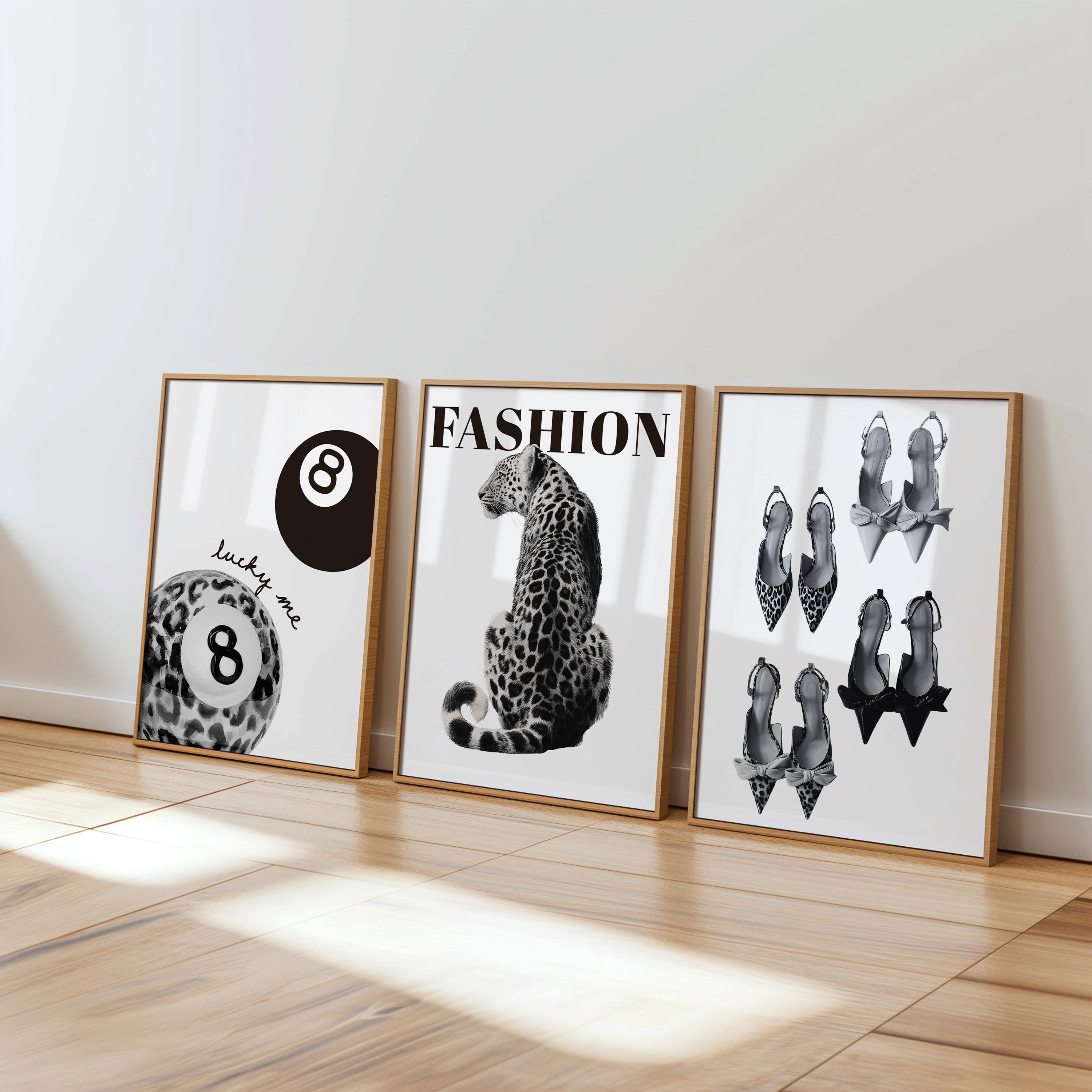 Fashion Gallery Wall Set of 6, Leopard Wall Art, Lucky Girl 8 Ball Print, Black and White Editorial Decor, Trendy Printable Art
