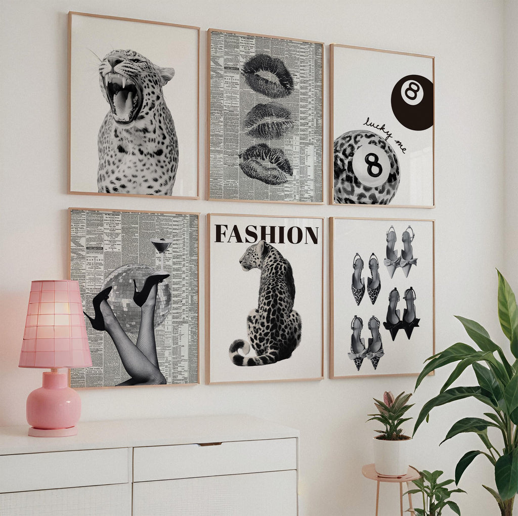 Fashion Gallery Wall Set of 6, Leopard Wall Art, Lucky Girl 8 Ball Print, Black and White Editorial Decor, Trendy Printable Art
