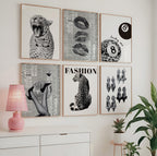 Fashion Gallery Wall Set of 6, Leopard Wall Art, Lucky Girl 8 Ball Print, Black and White Editorial Decor, Trendy Printable Art