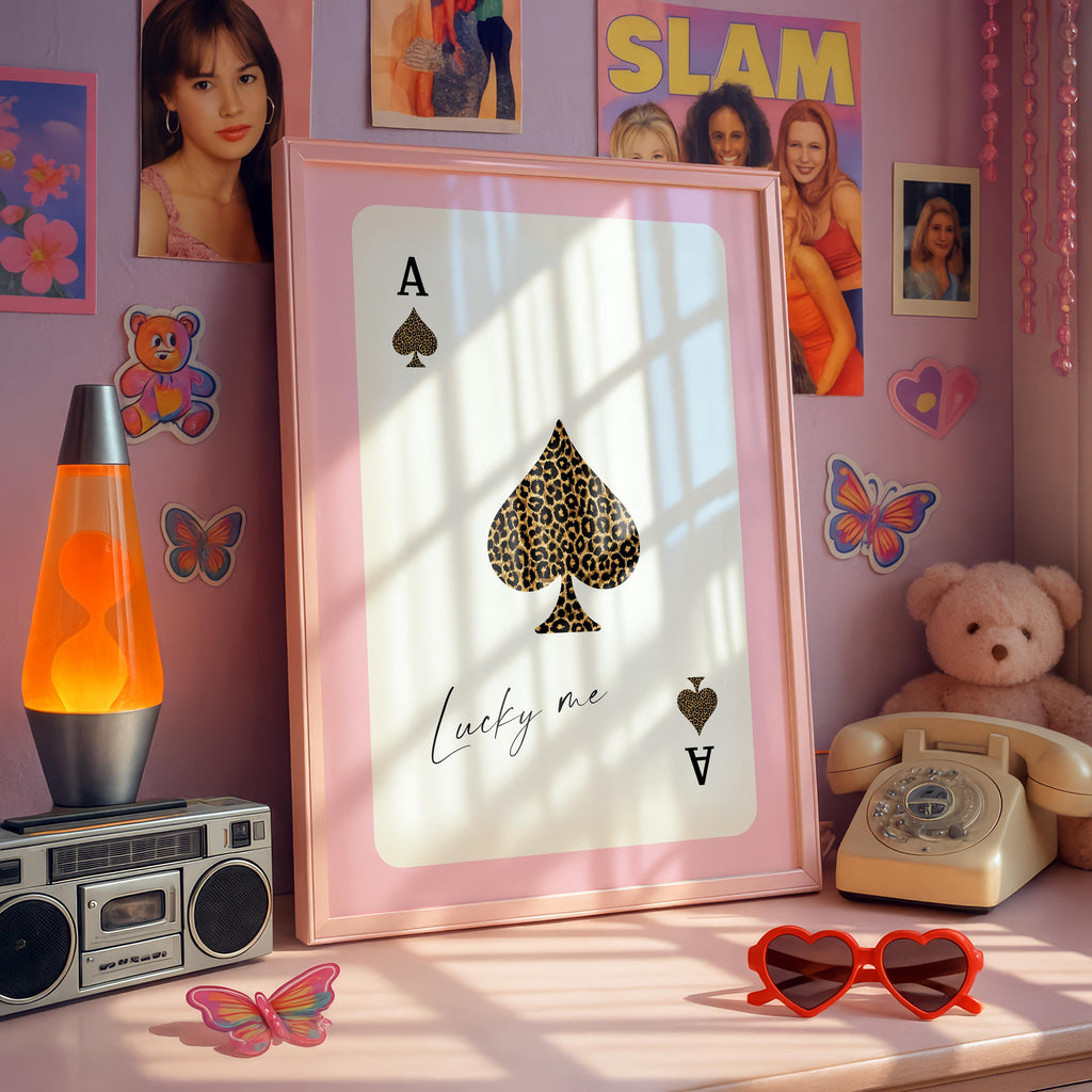 Pink Ace of Spades Wall Art, Lucky Me Playing Card Print, Leopard Poster, Coquette Pink Wall Decor, Girly Aesthetic, Trendy Lucky Girl Decor
