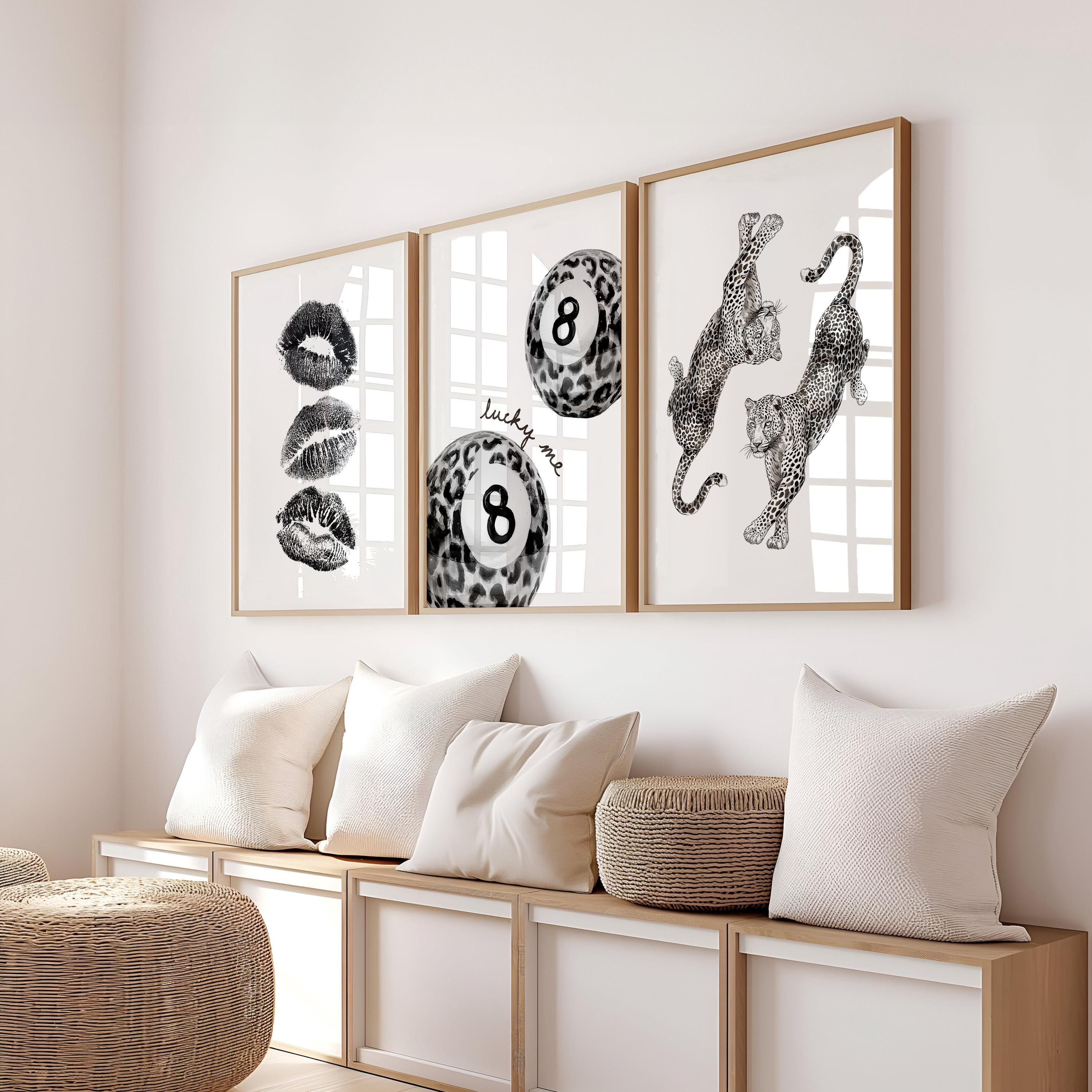 Black White Leopard Wall Art Set, Lucky Me 8 Ball Print, Fashion Lips Poster, Modern Chic Gallery Wall, Minimal Fashion Decor, Trendy Print