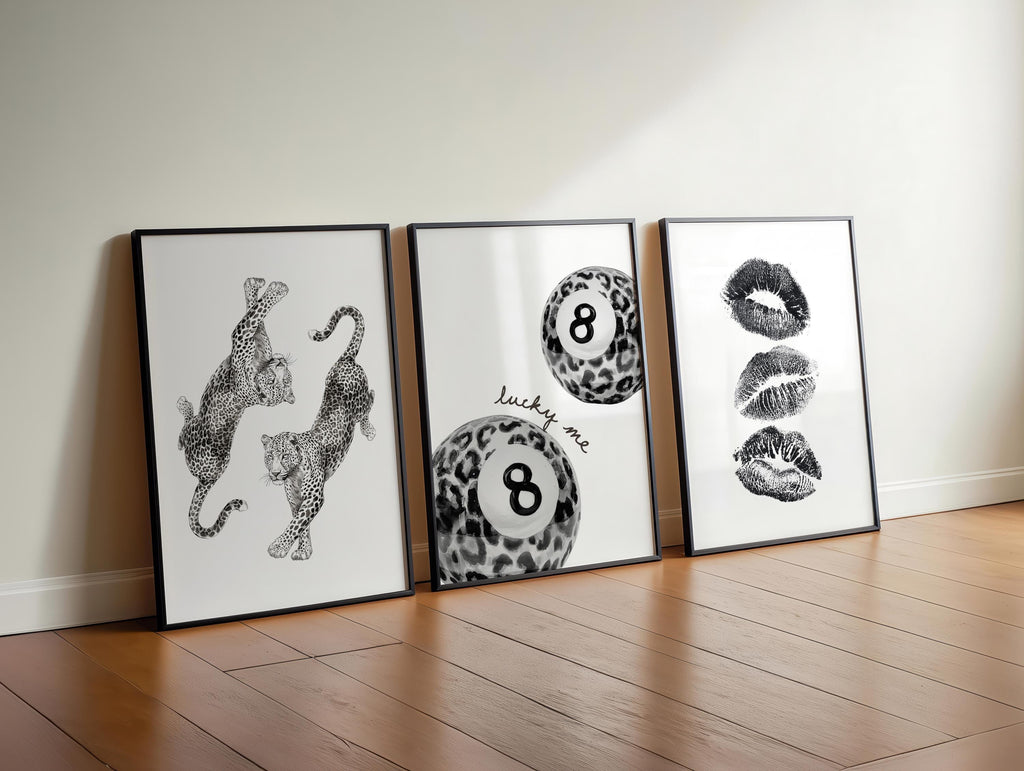 Black White Leopard Wall Art Set, Lucky Me 8 Ball Print, Fashion Lips Poster, Modern Chic Gallery Wall, Minimal Fashion Decor, Trendy Print