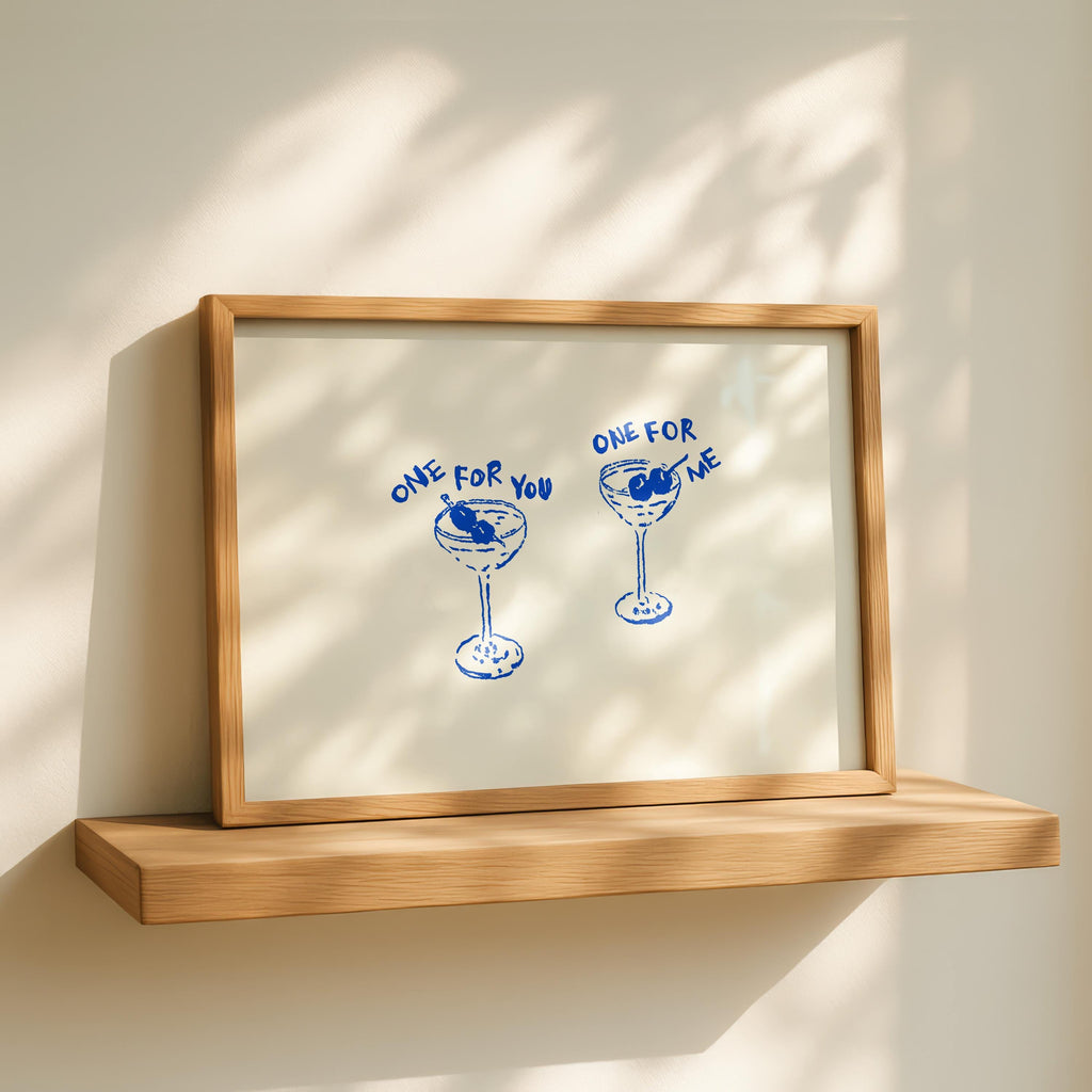 One For You One For Me Cocktail Print, Blue Line Art Bar Cart Decor, Martini Wall Art, Minimal Hand Drawn Drink Poster, Kitchen Dining Print
