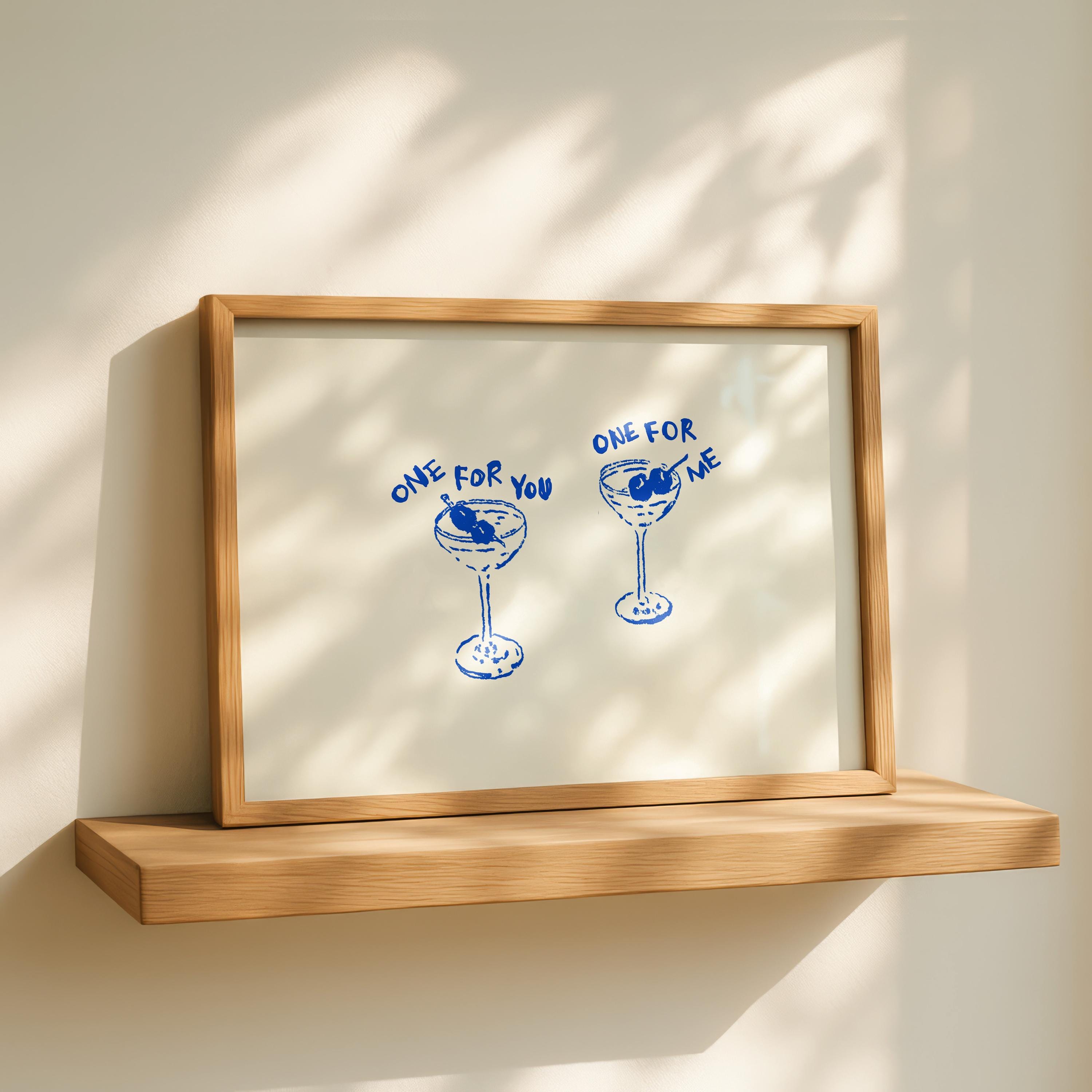 One For You One For Me Cocktail Print, Blue Line Art Bar Cart Decor, Martini Wall Art, Minimal Hand Drawn Drink Poster, Kitchen Dining Print