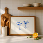 One For You One For Me Cocktail Print, Blue Line Art Bar Cart Decor, Martini Wall Art, Minimal Hand Drawn Drink Poster, Kitchen Dining Print