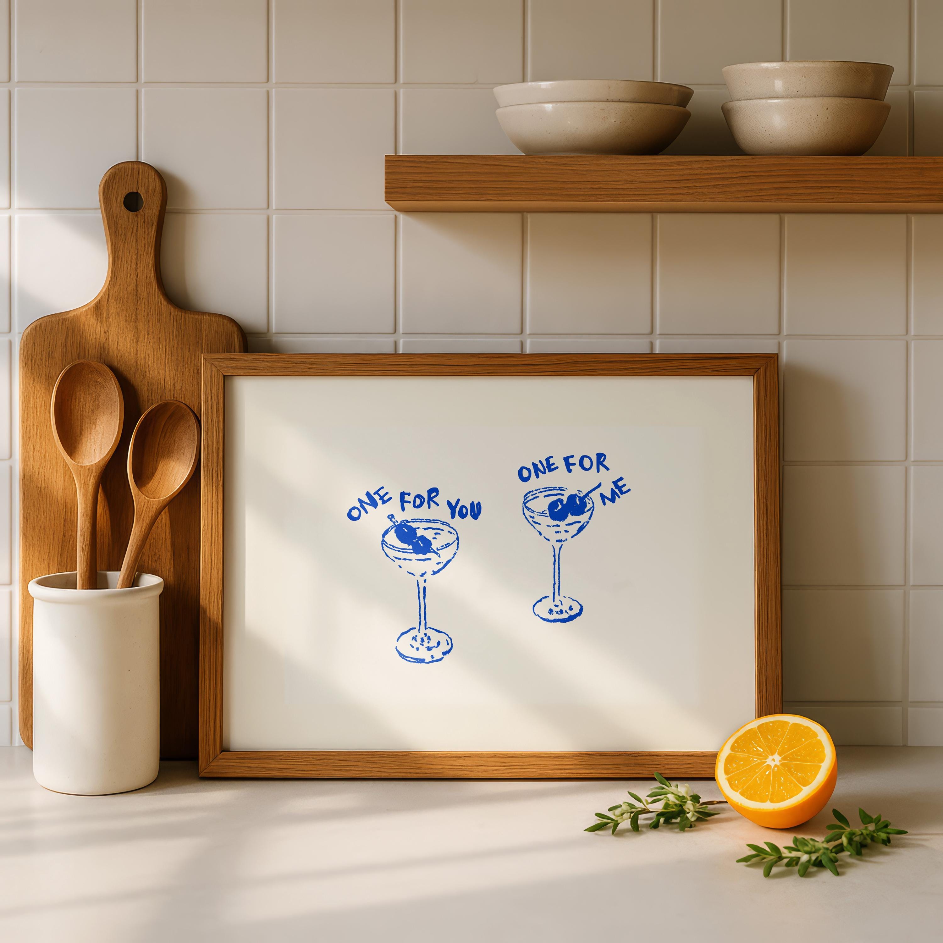 One For You One For Me Cocktail Print, Blue Line Art Bar Cart Decor, Martini Wall Art, Minimal Hand Drawn Drink Poster, Kitchen Dining Print