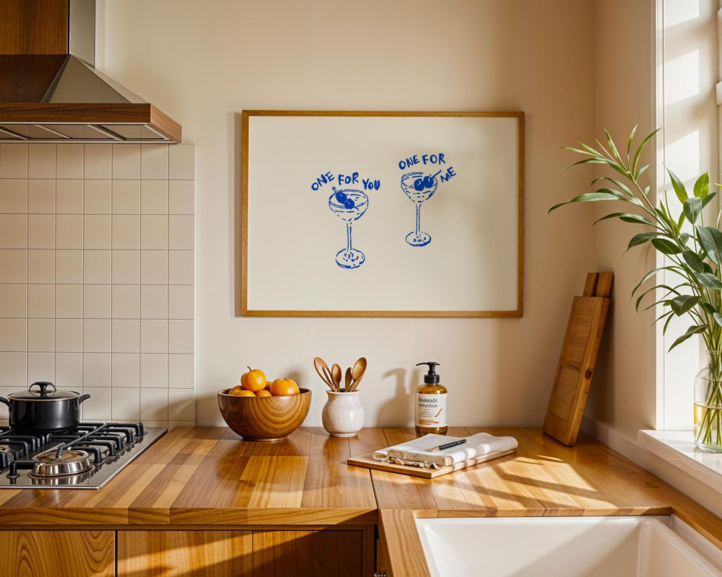 One For You One For Me Cocktail Print, Blue Line Art Bar Cart Decor, Martini Wall Art, Minimal Hand Drawn Drink Poster, Kitchen Dining Print